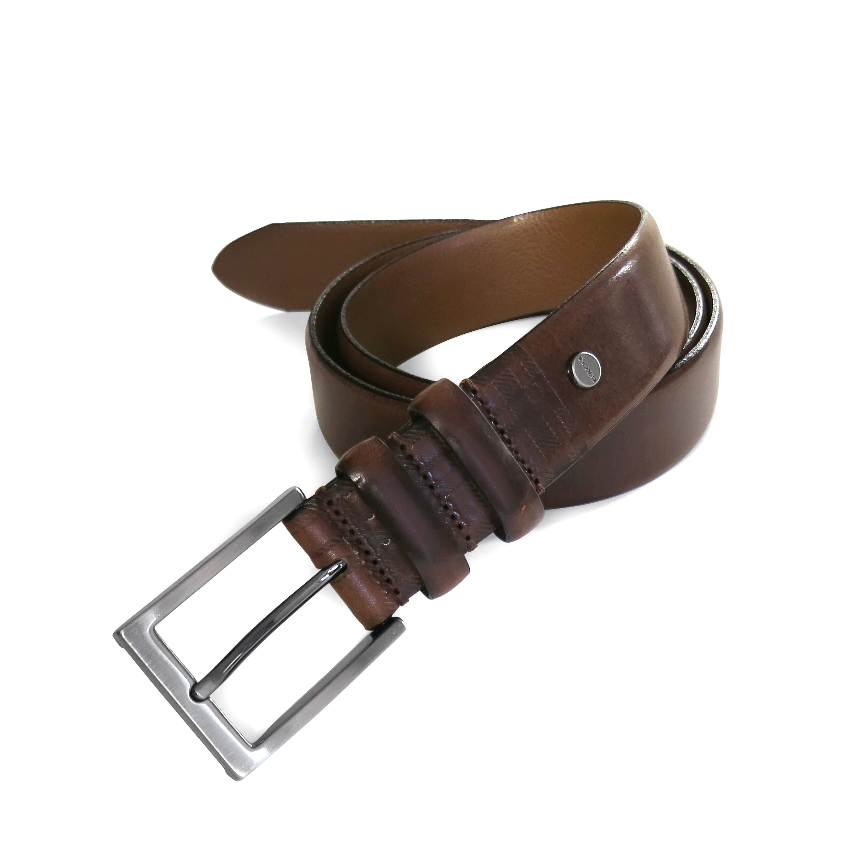 brown leather dress belt with double keepers boconi ornament
