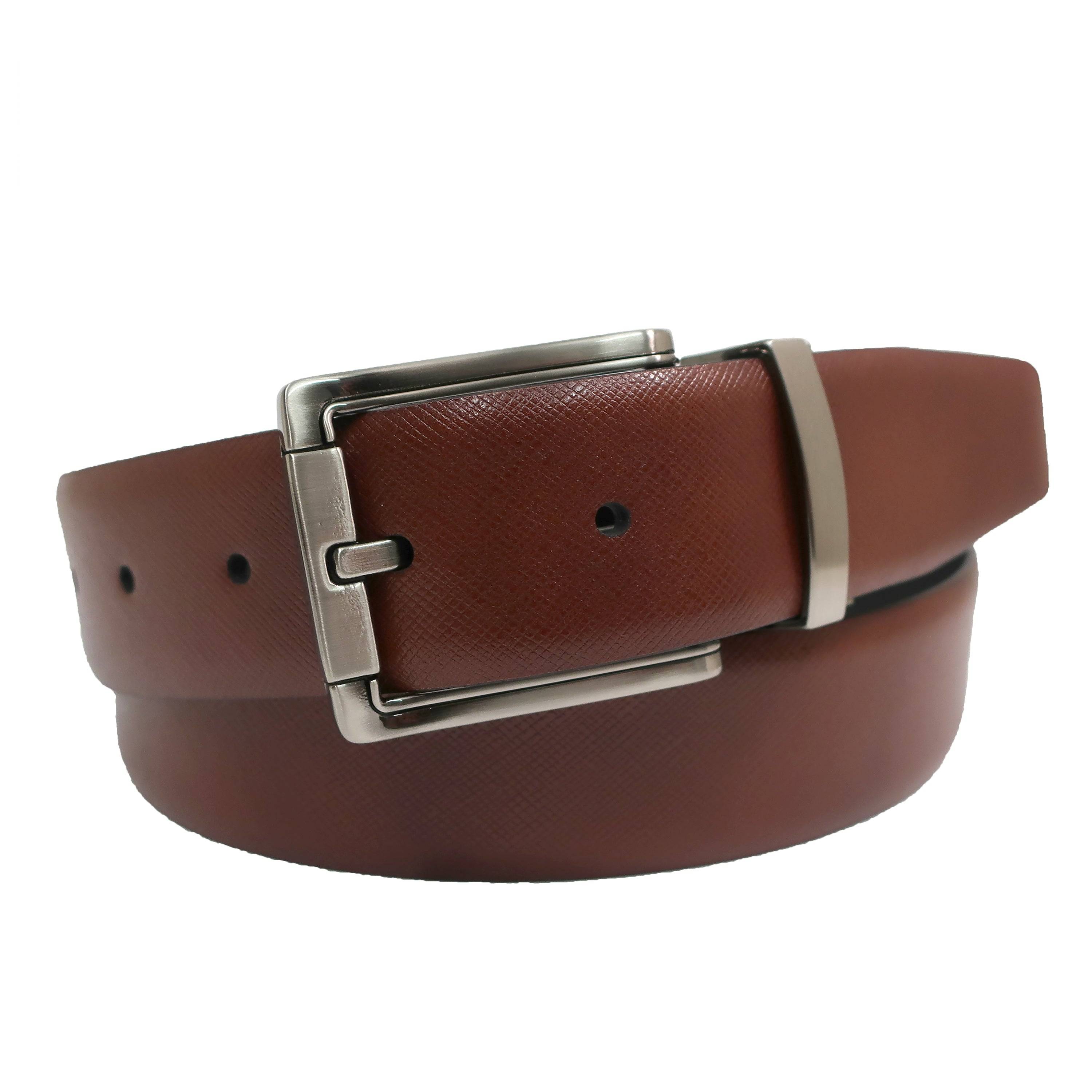 closed view Saffiano leather reversible belt in cognac and black