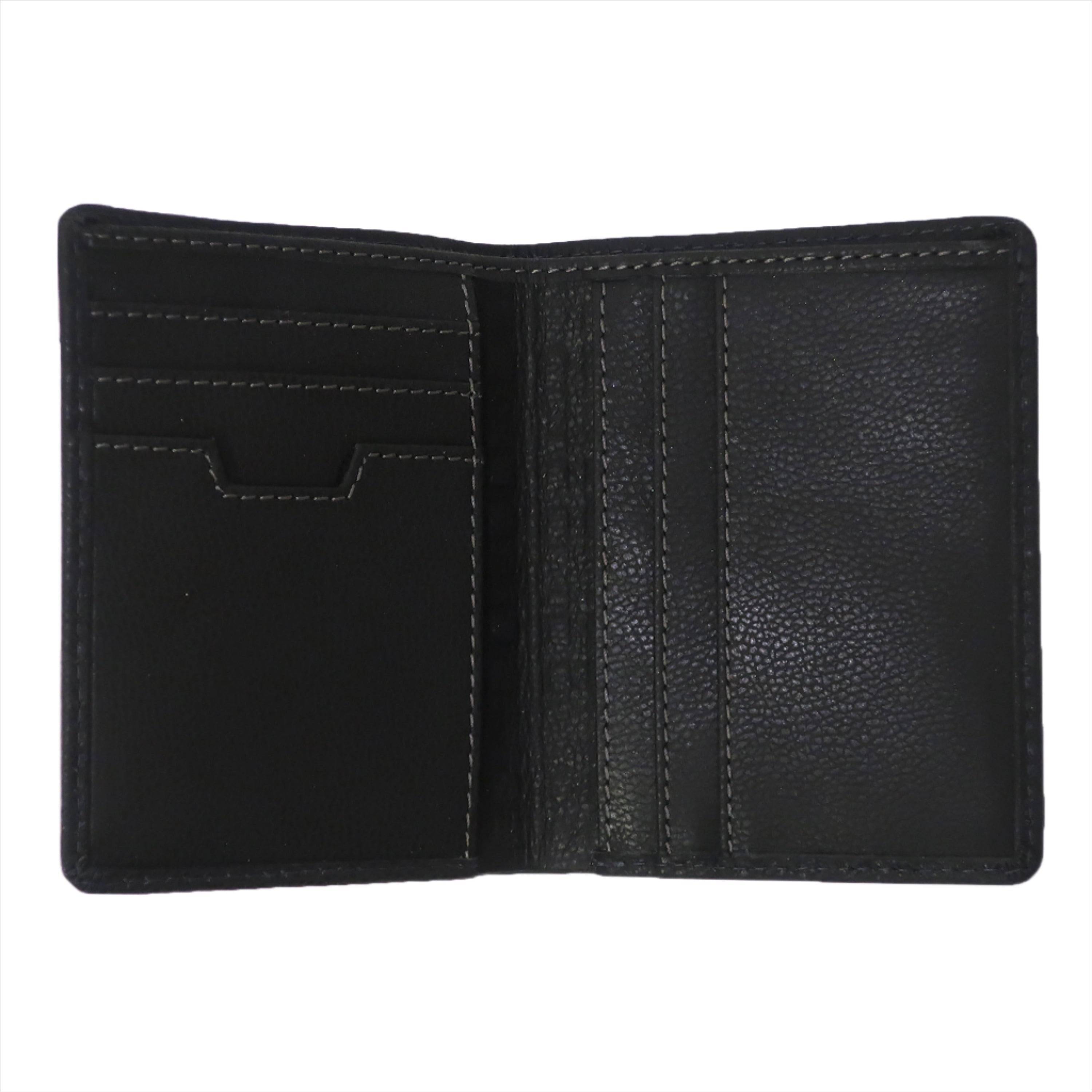 open view of black Boconi front pocket leather bifold wallet