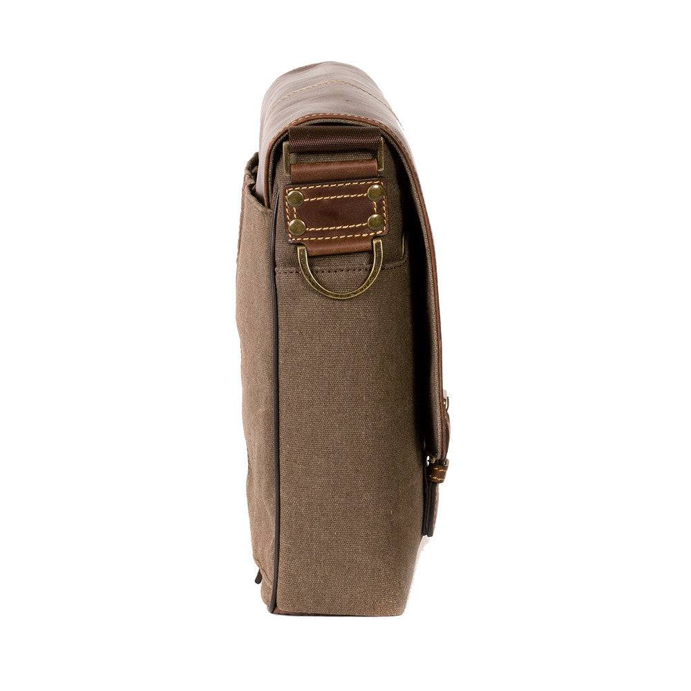 side view of Boconi Double Buckle canvas and leather laptop messenger bag 
