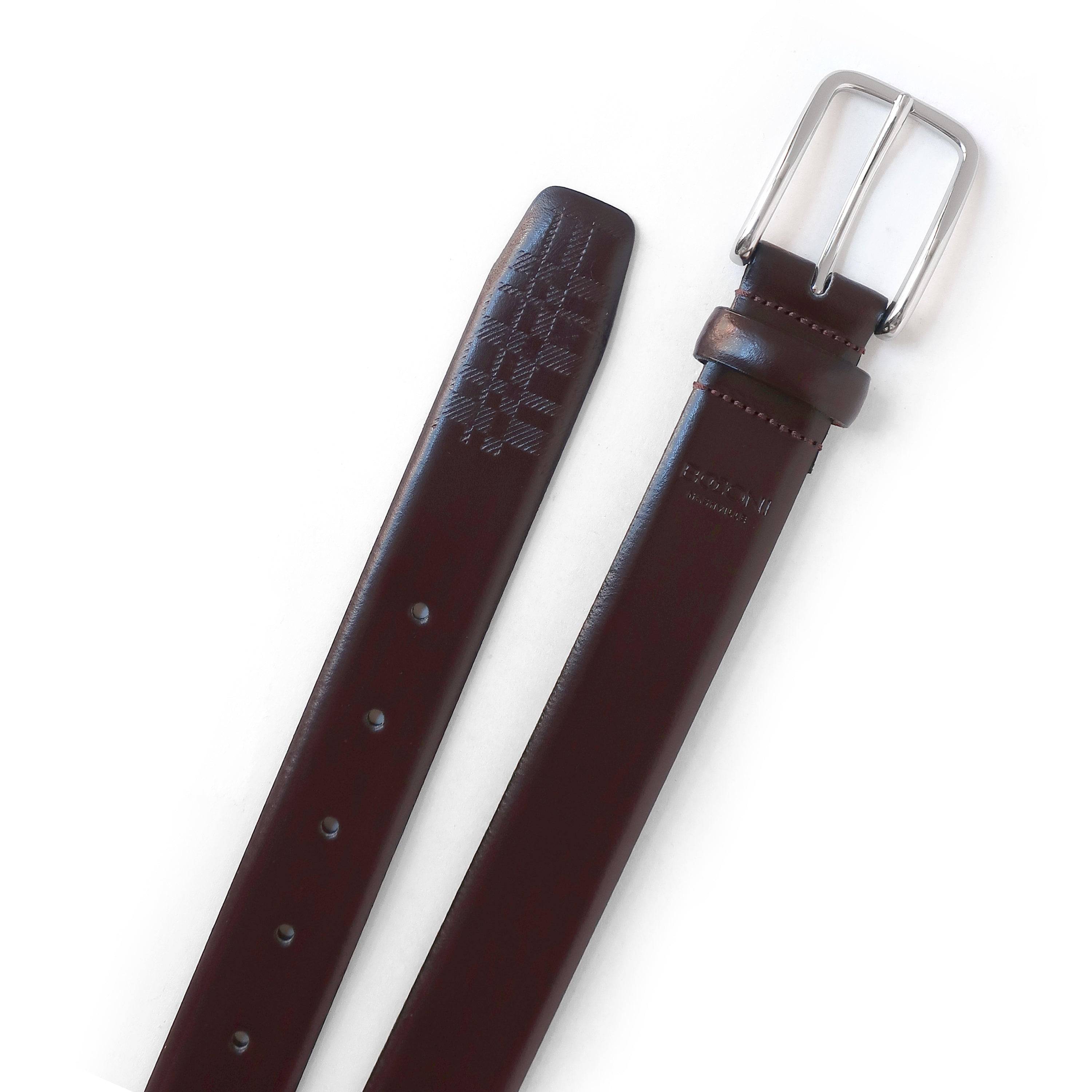 a brown belt with a silver buckle on a white background