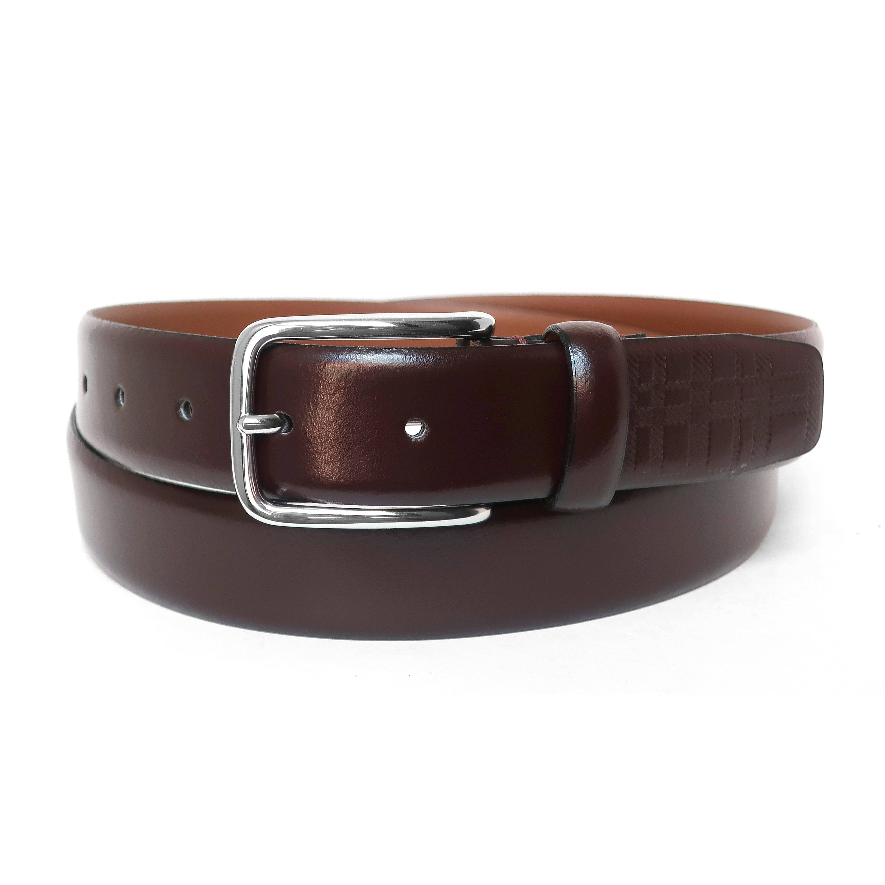 a brown belt with a metal buckle on a white background