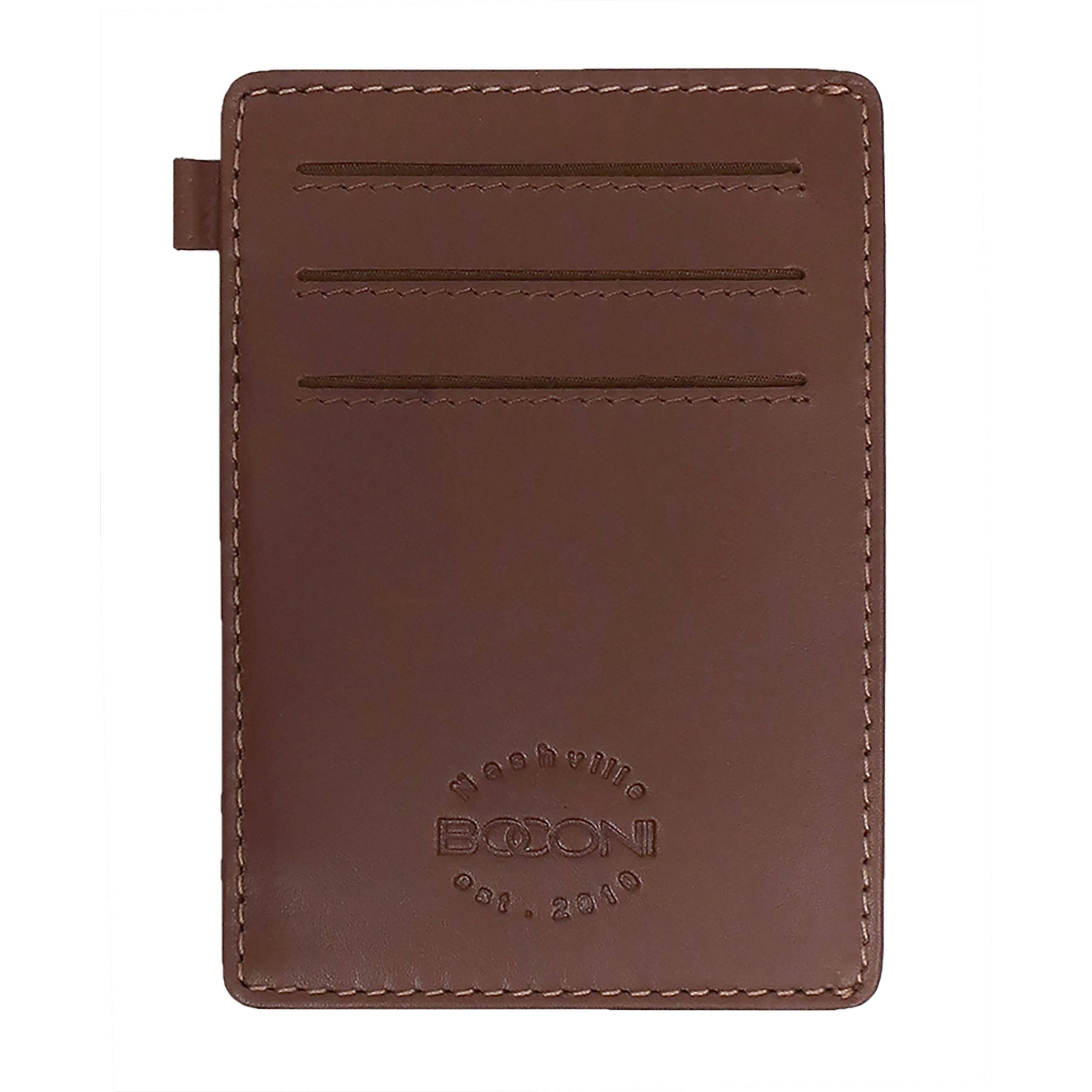a brown leather card case with a logo on it