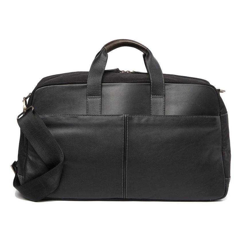 a black leather briefcase on a white background
