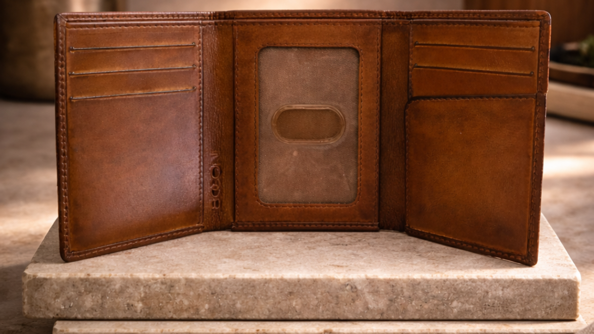 BOCONI full grain leather trifold wallet with multiple card slots