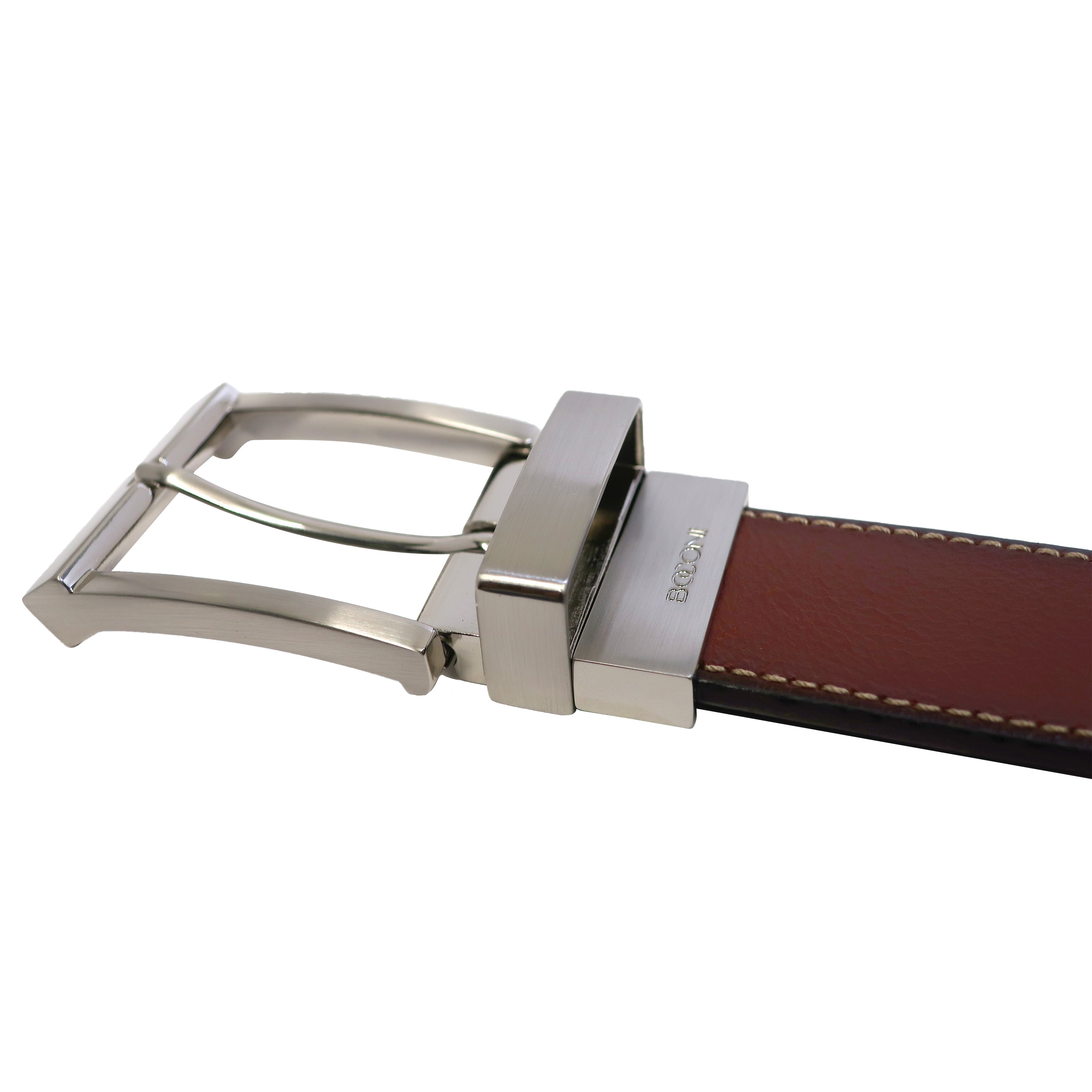 side view of buckle on leather reversible belt, cognac to black