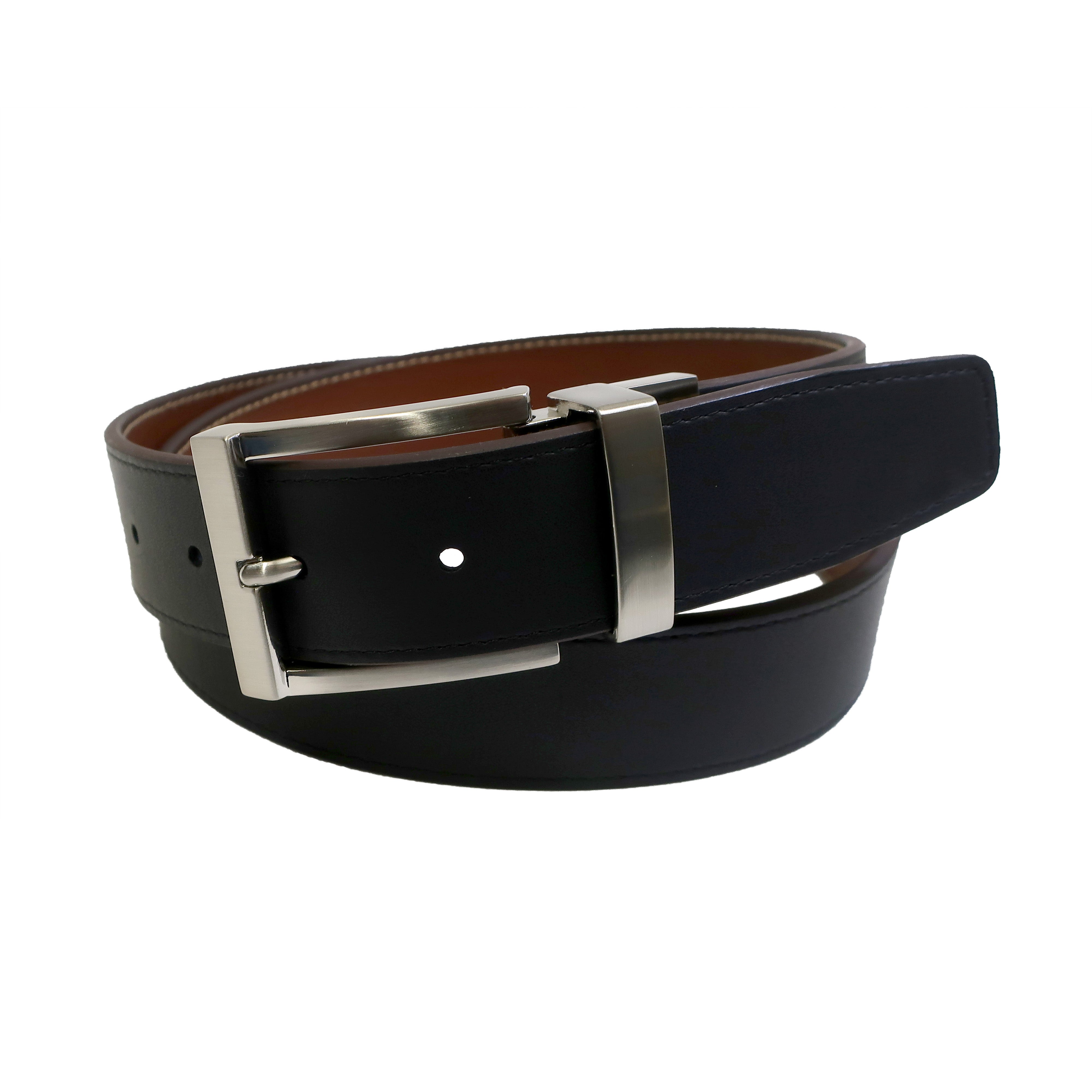 Closed view leather reversible belt, black