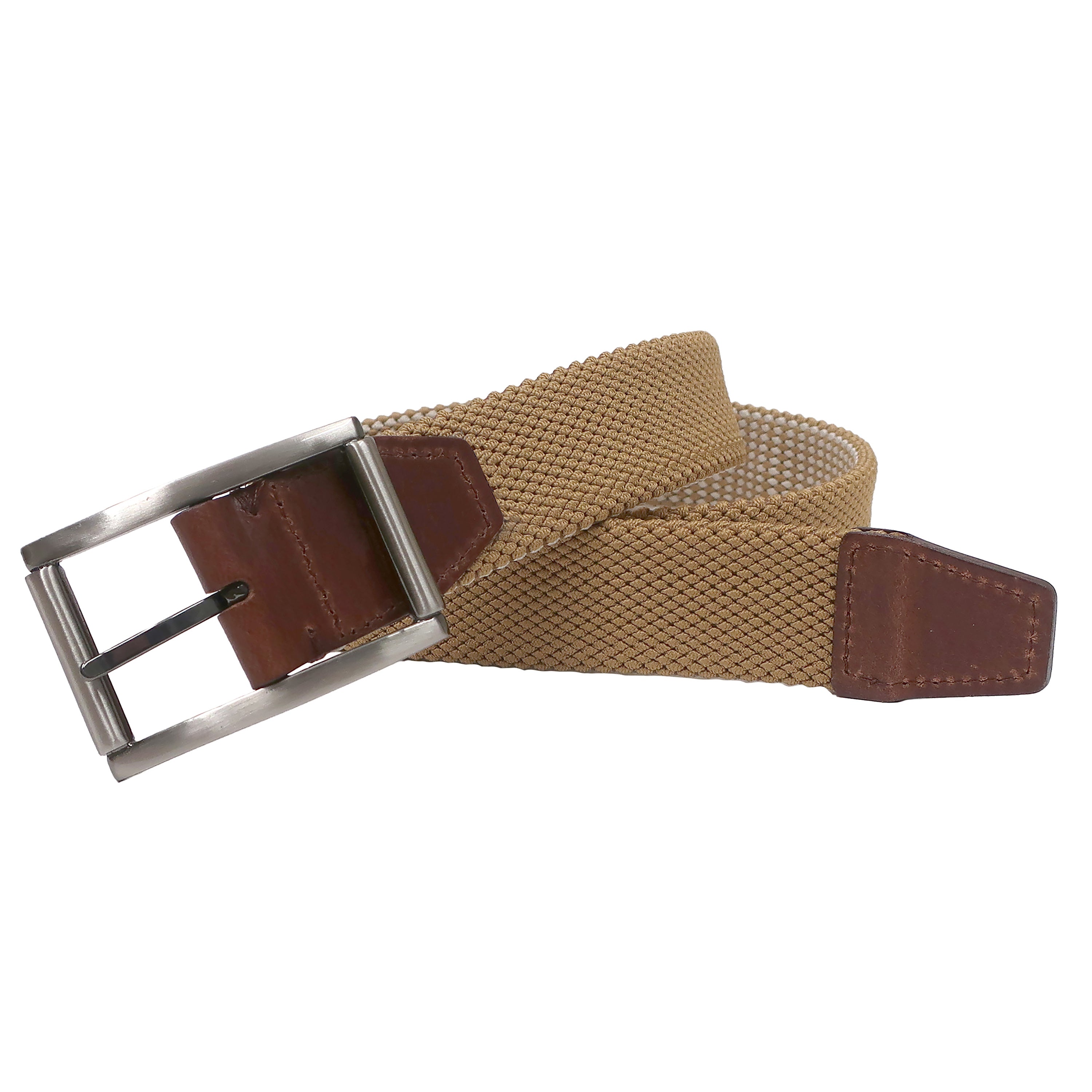 Khaki to Khaki+Ivory reversible Woven Elastic Belt with center bar buckle