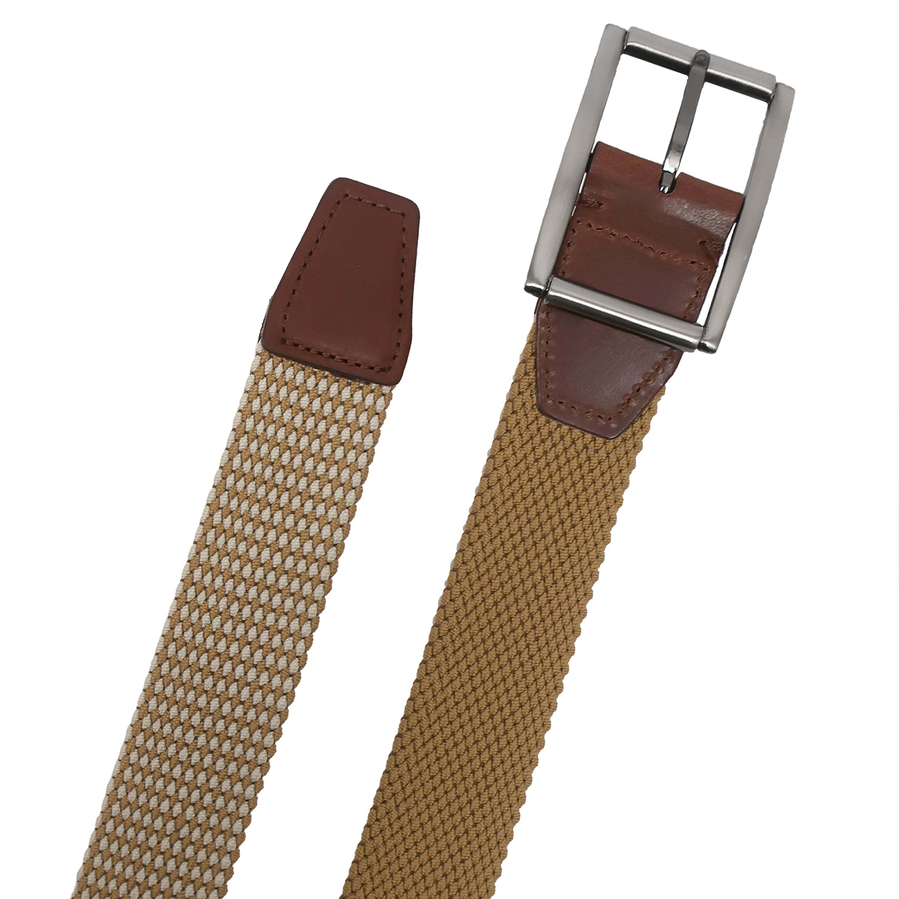 Khaki to Khaki+Ivory reversible Woven Elastic Belt with center bar buckle flat vie