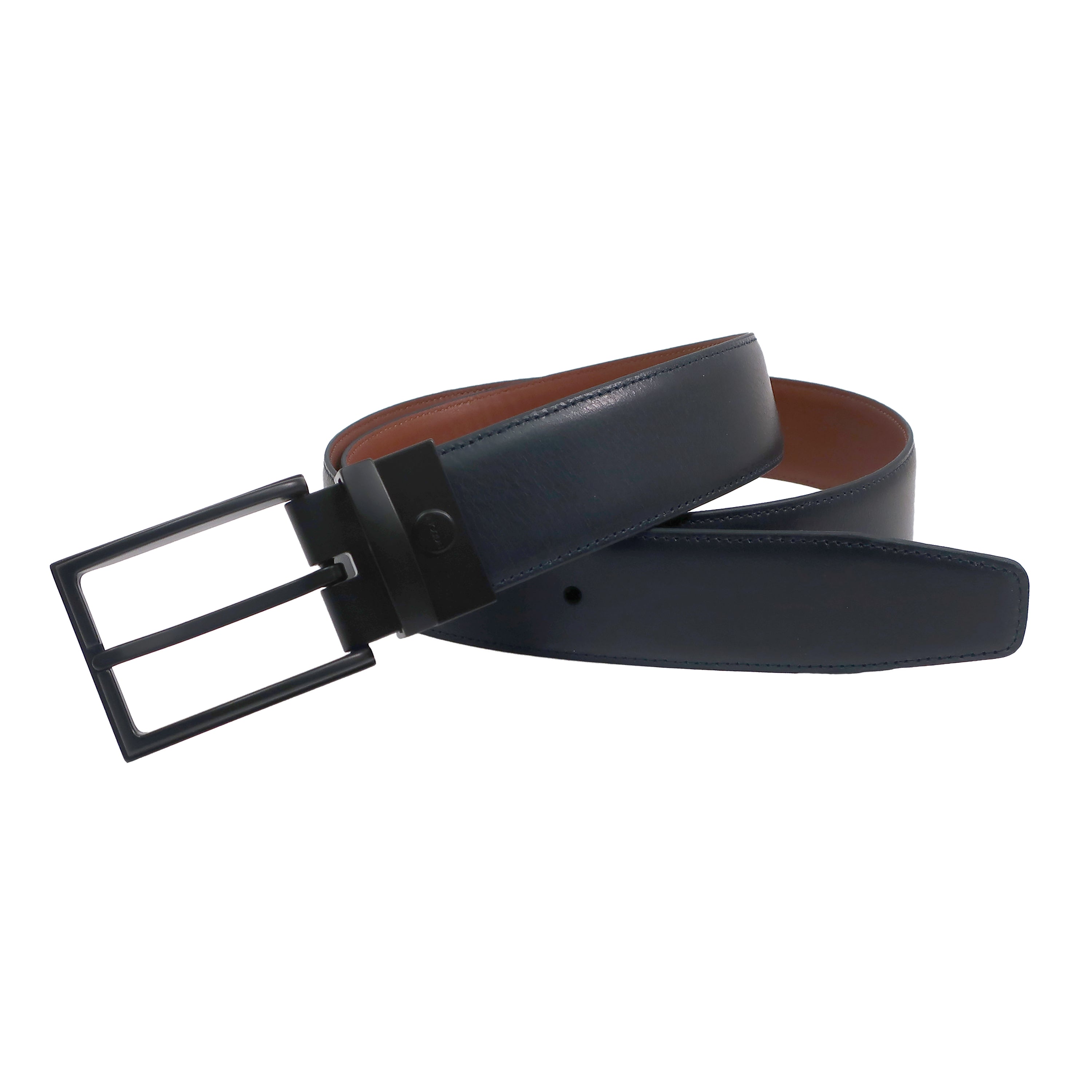 a leather belt with a metal buckle on a white background