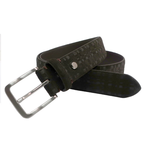 BOCONI Victor men's embossed dark brown full grain suede leather belt 35mm brushed nickel buckle