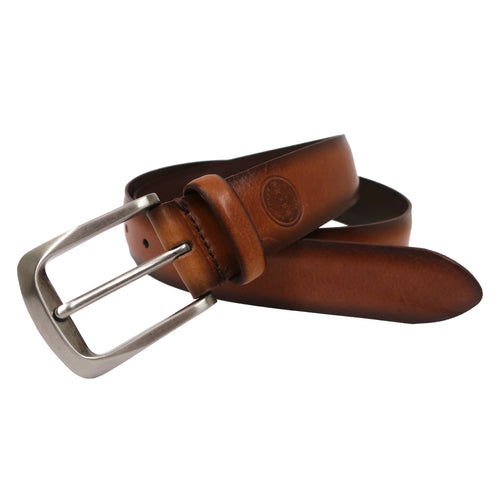 A Boconi cognac full grain leather belt with burnished edges and a silver-tone metal buckle, shown coiled on a plain white background.
