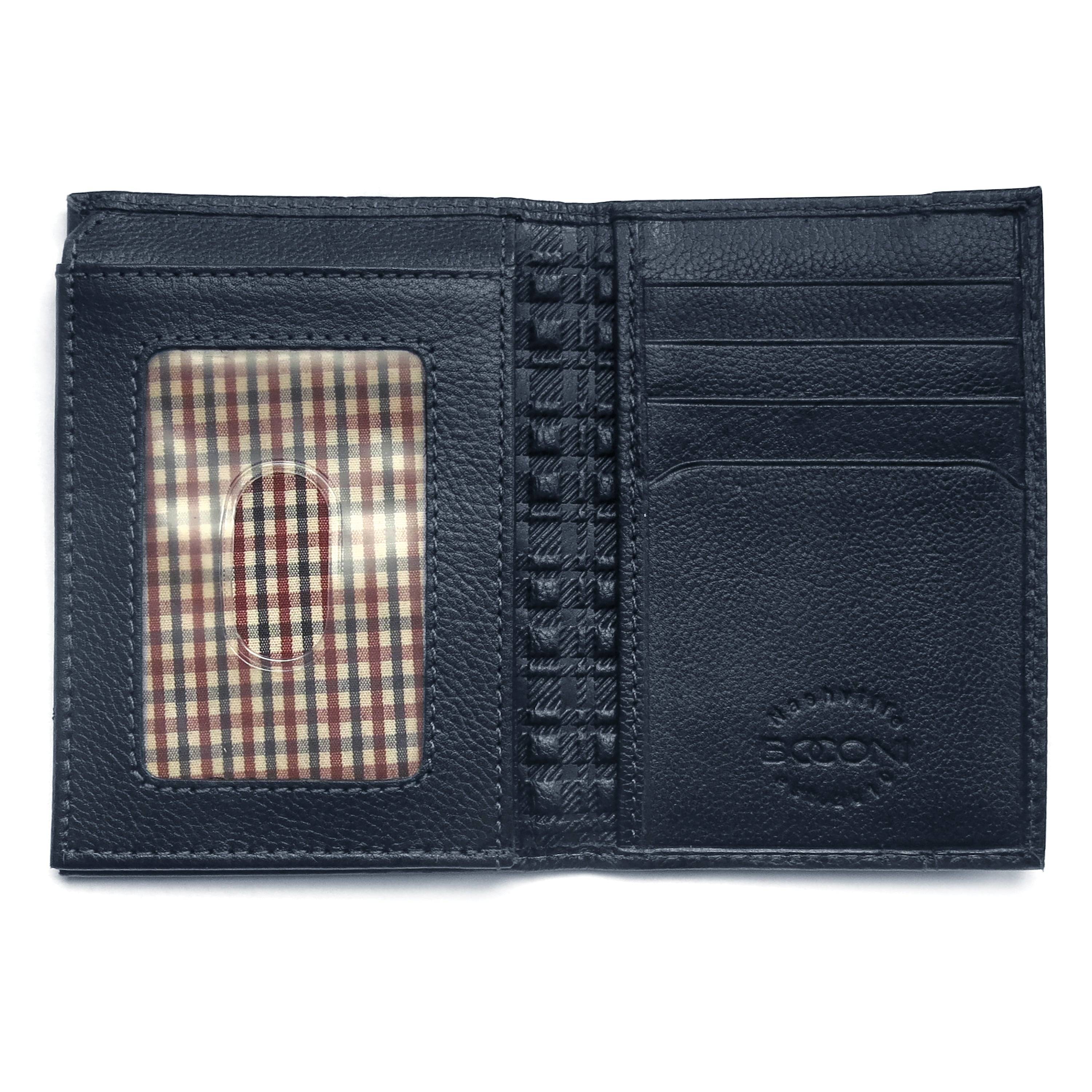 a black leather wallet with a checkered pattern