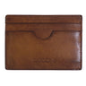 a brown leather card case with a logo on it