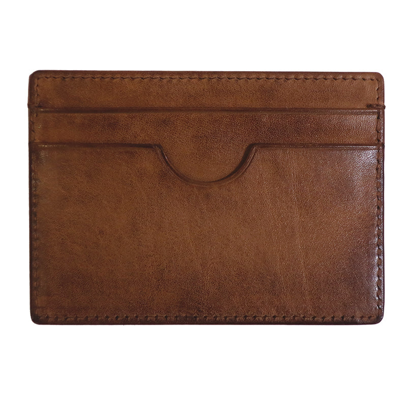 a brown leather card case with a card slot