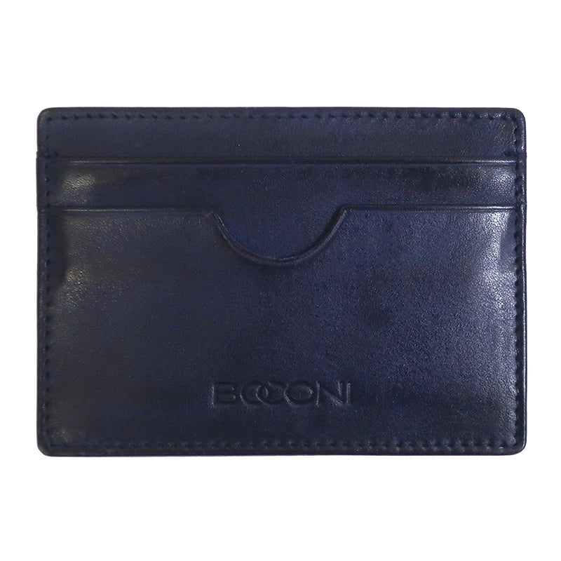 a black leather card case with a logo on it