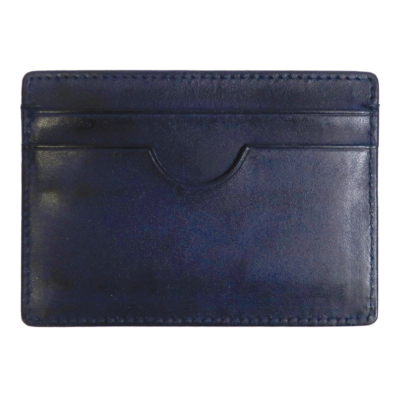 a blue leather card case with a card slot