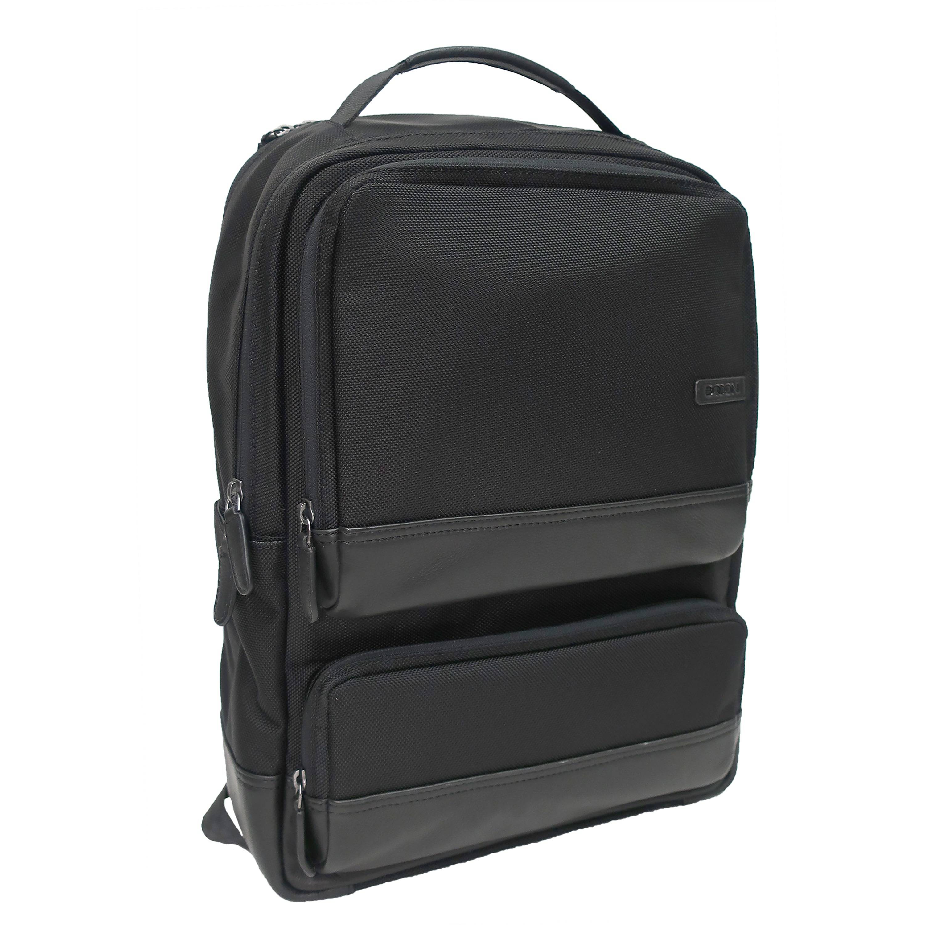 black ballistic nylon and leather trim backpack