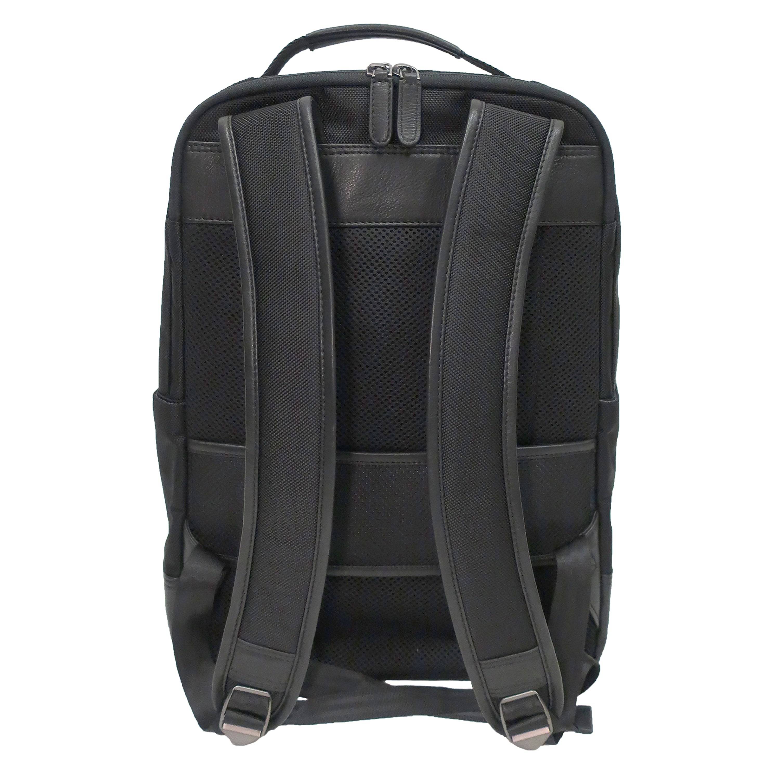 back view of ballistic nylon and leather trim backpack