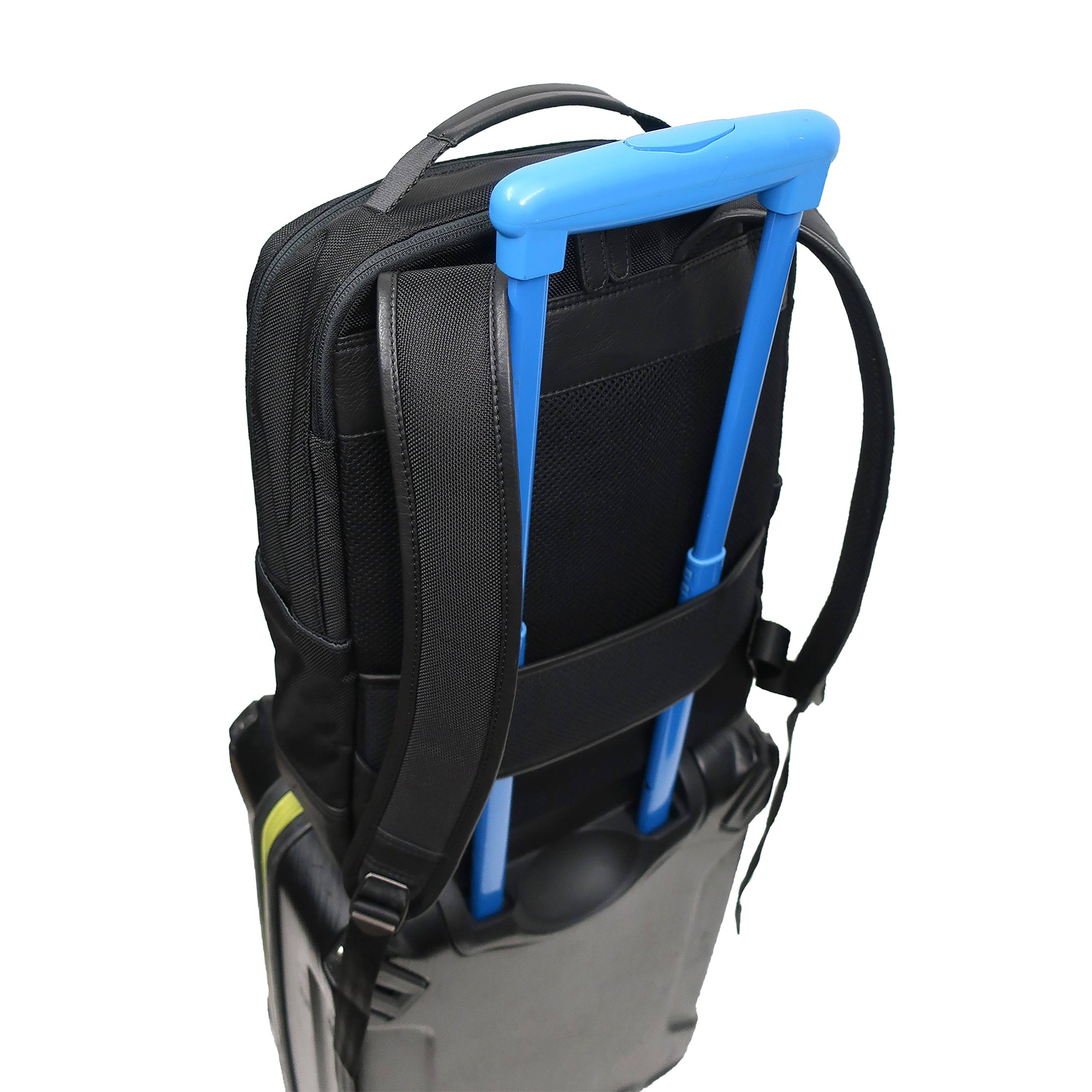 trolley strap view on ballistic nylon and leather trim backpack