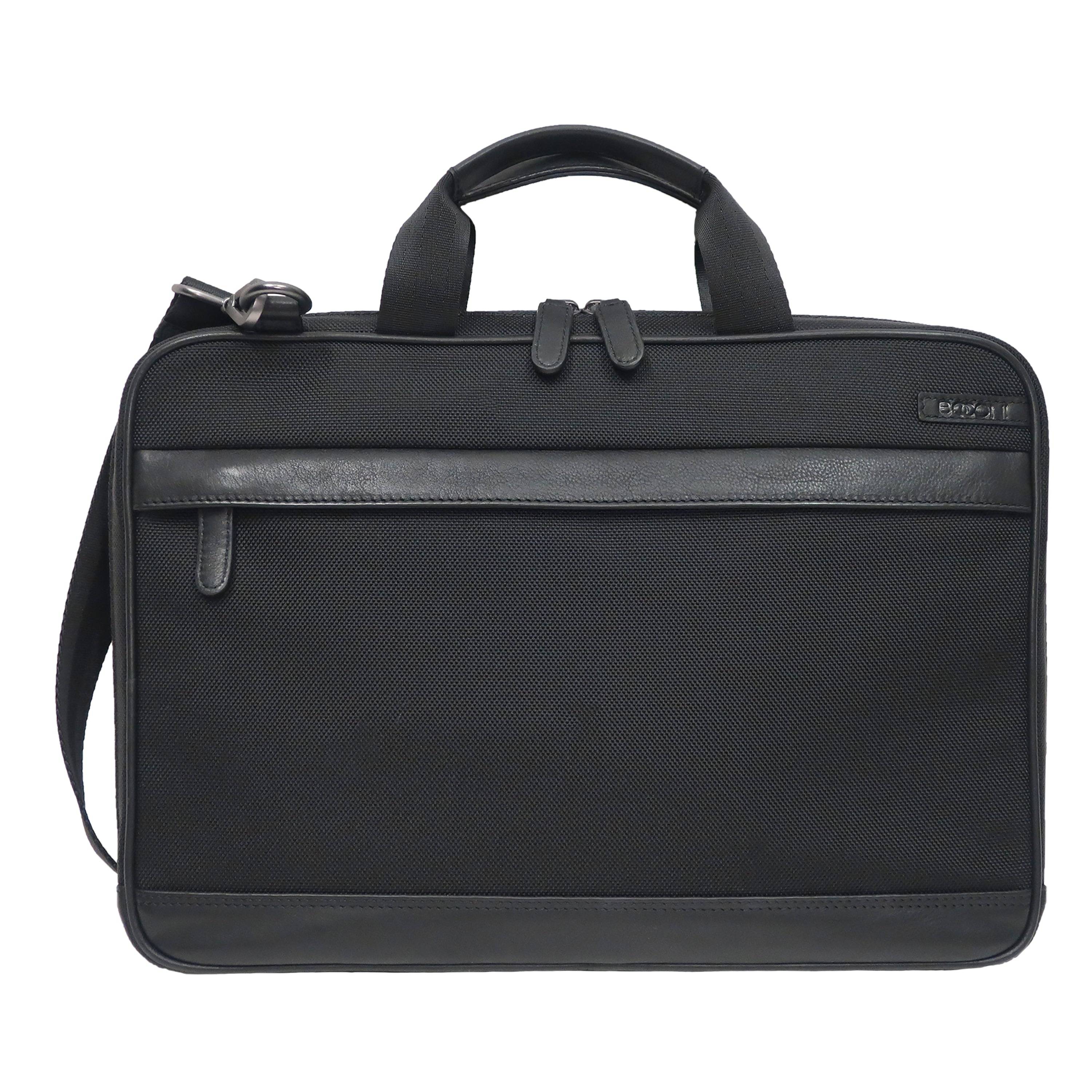black front view ballistic nylon leather trim laptop bag