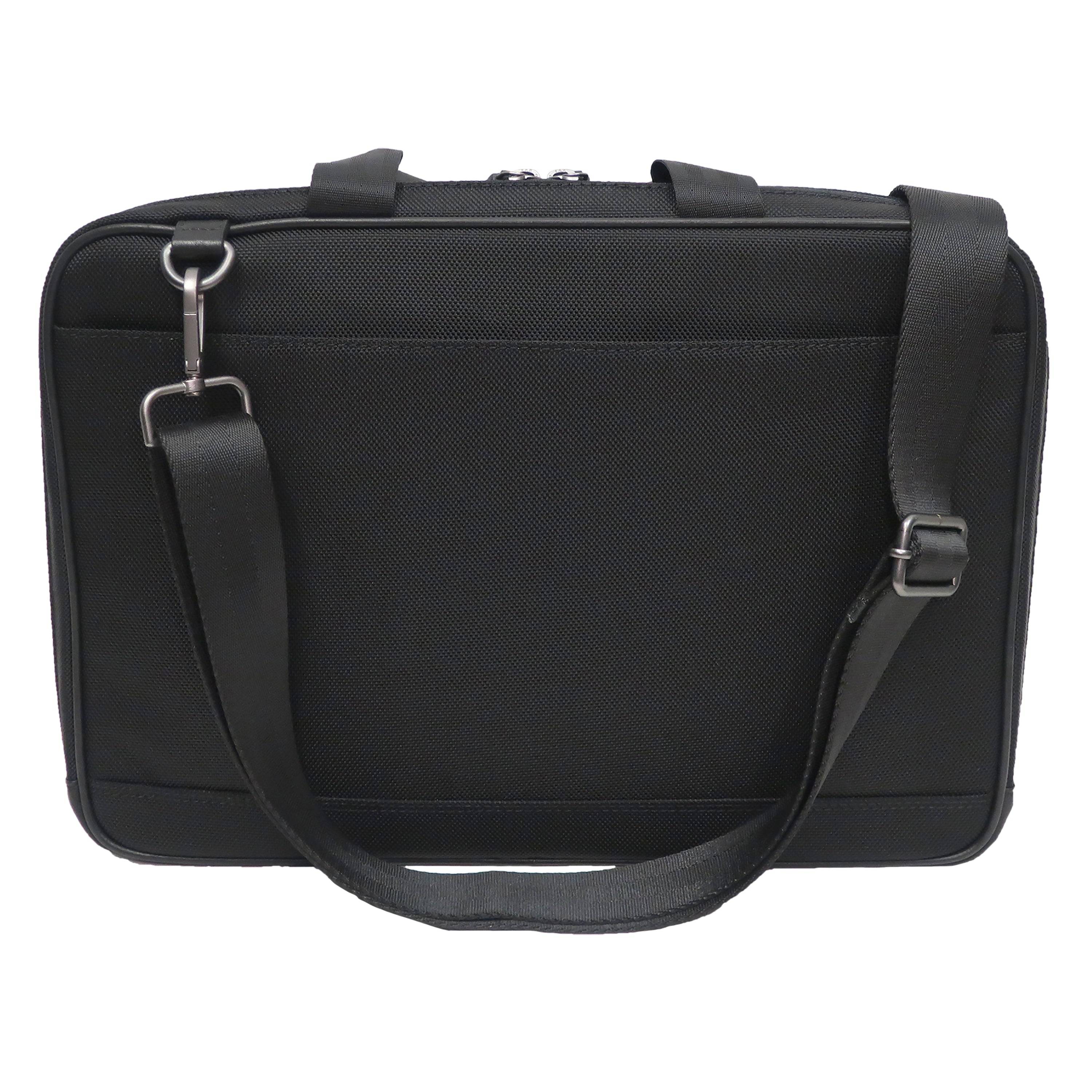 black back view with strap for ballistic nylon leather trim laptop bag