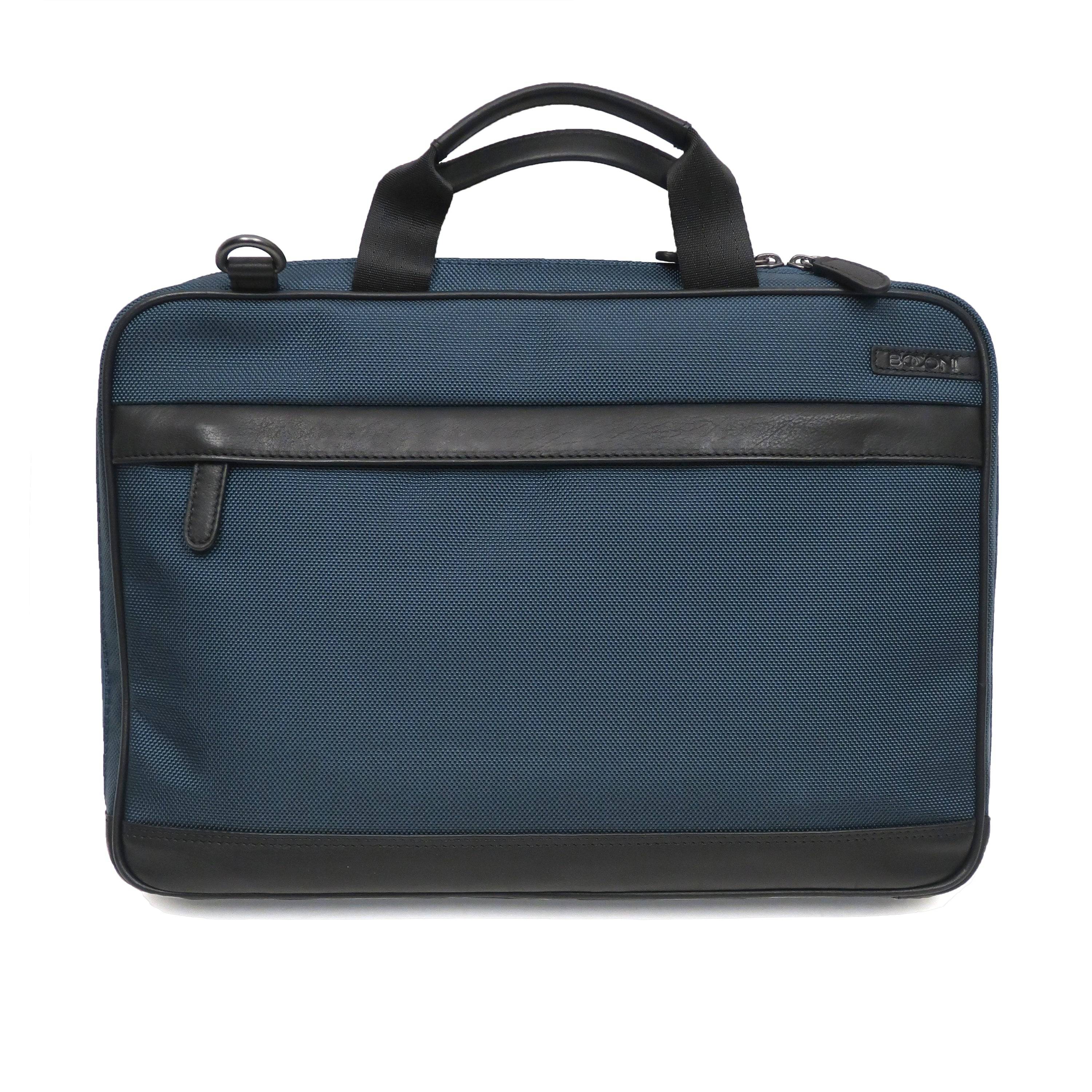 blue front view ballistic nylon leather trim laptop bag