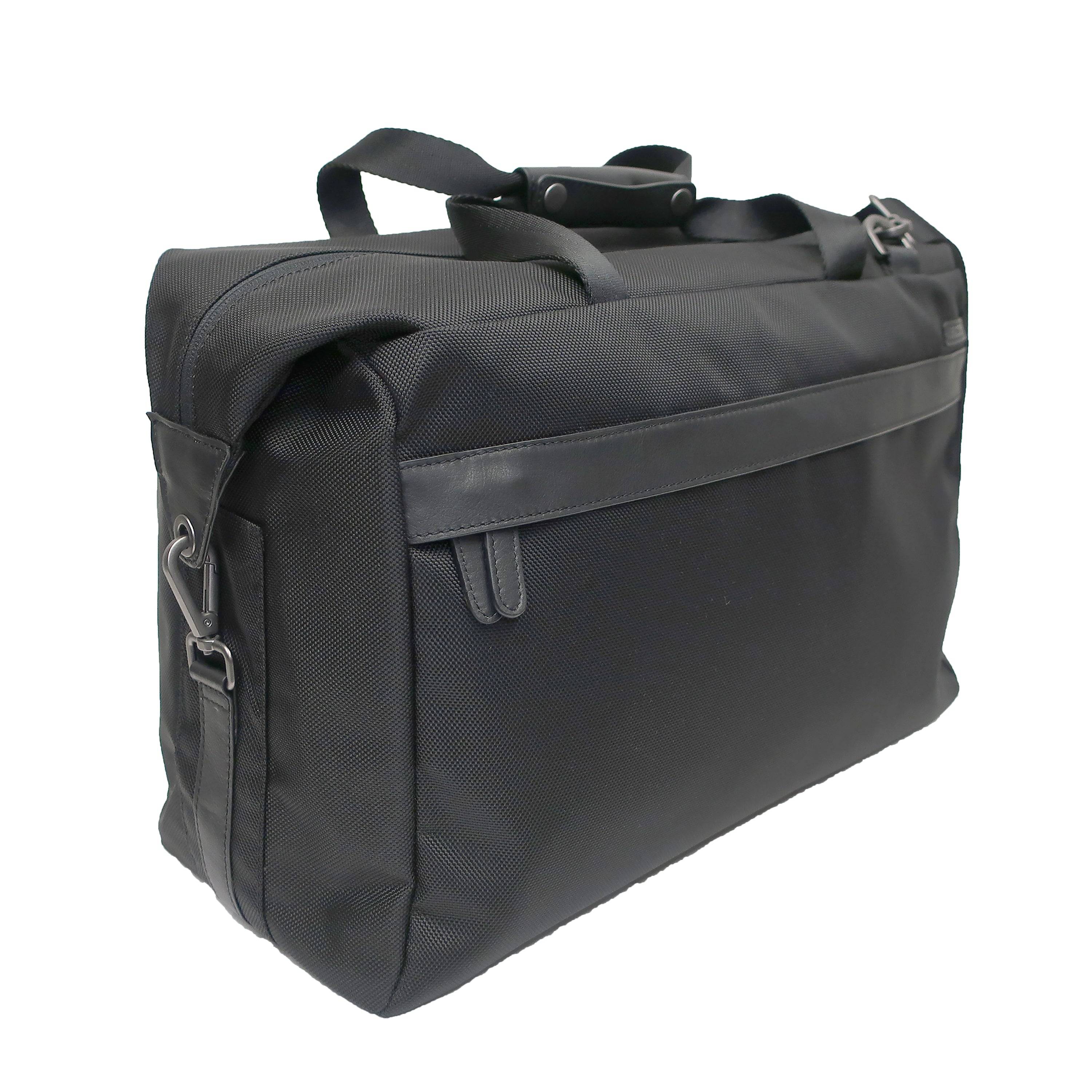 front and side view ballistic nylon leather trim duffel bag