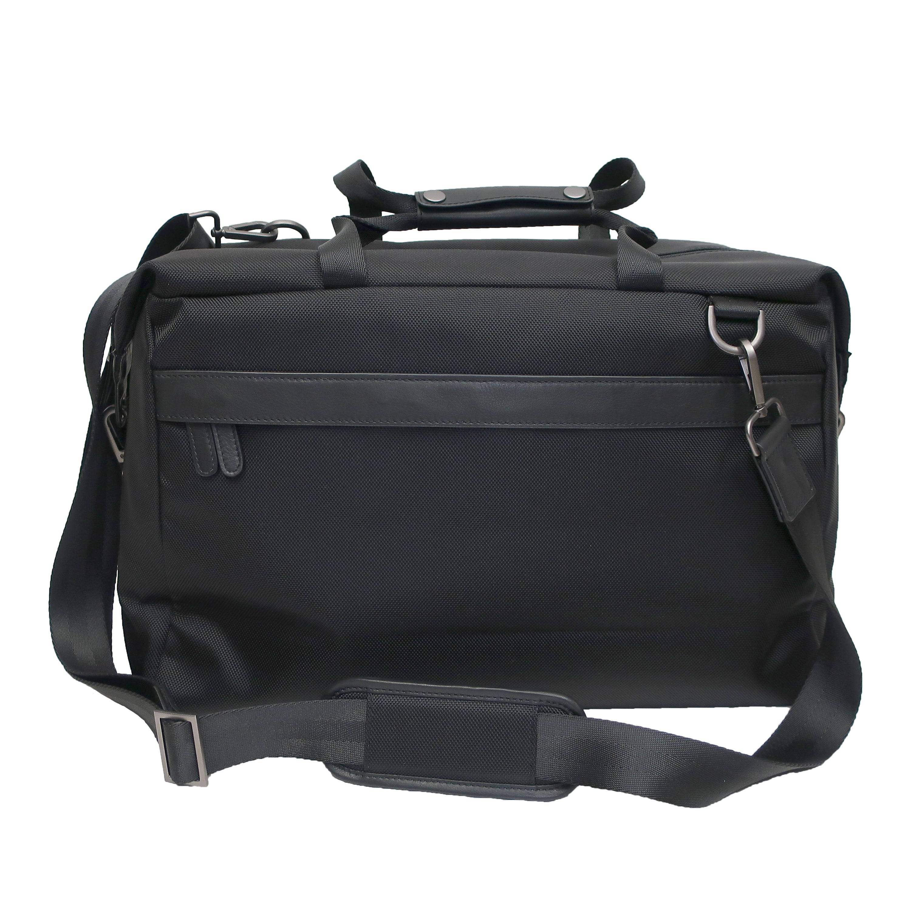 front zip pocket with shoulder strap and top handles on ballistic nylon leather trim duffel bag 