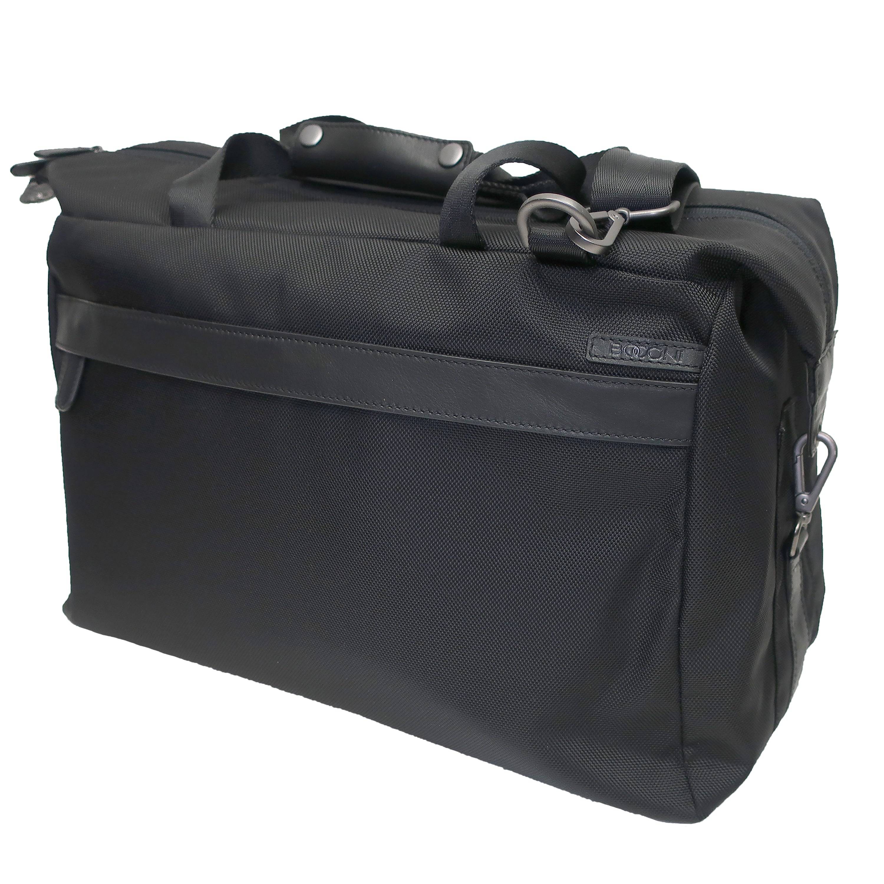front view of zip pocket on ballistic nylon and leather trim duffel bag