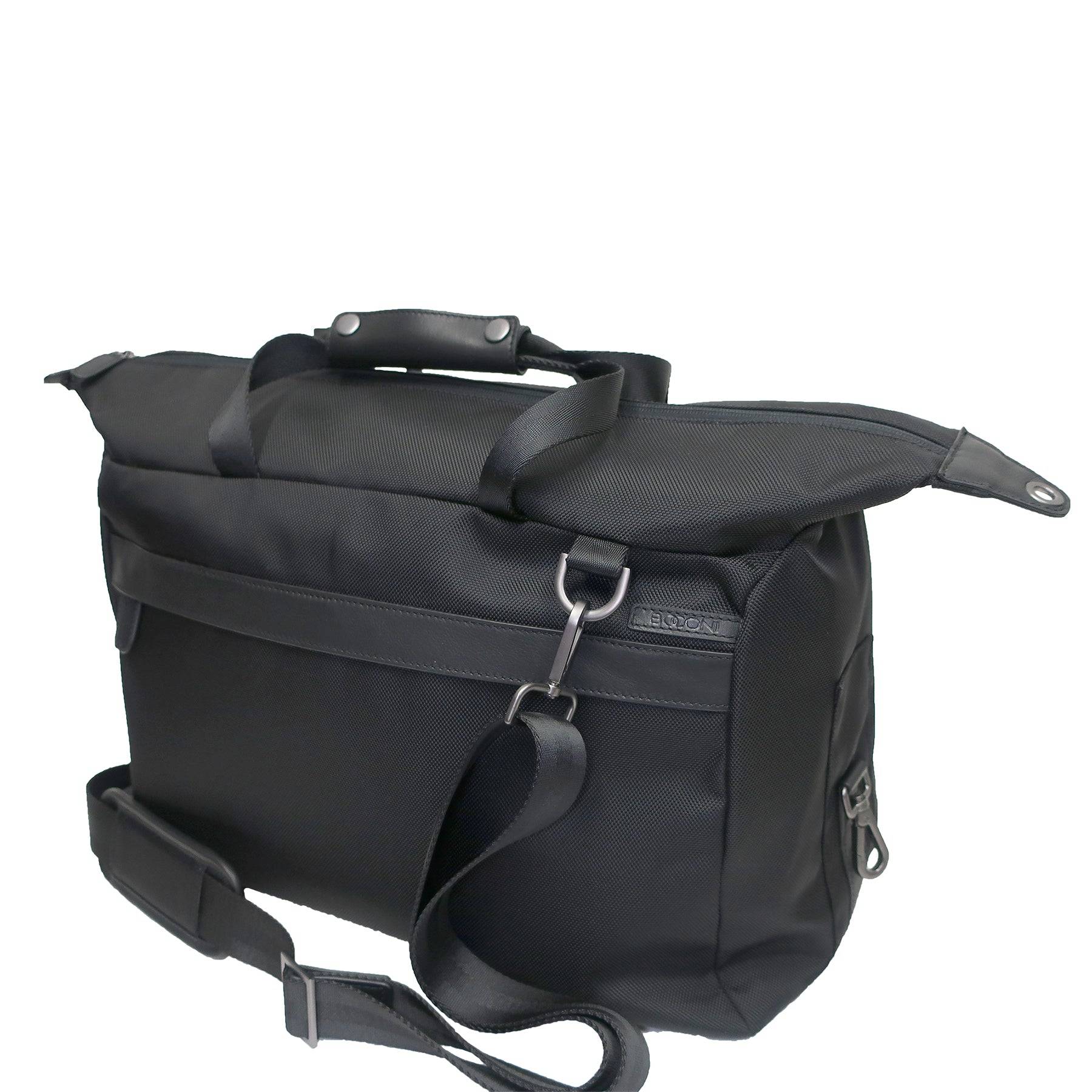 front view with shoulder strap of ballistic nylon and leather trim duffel bag