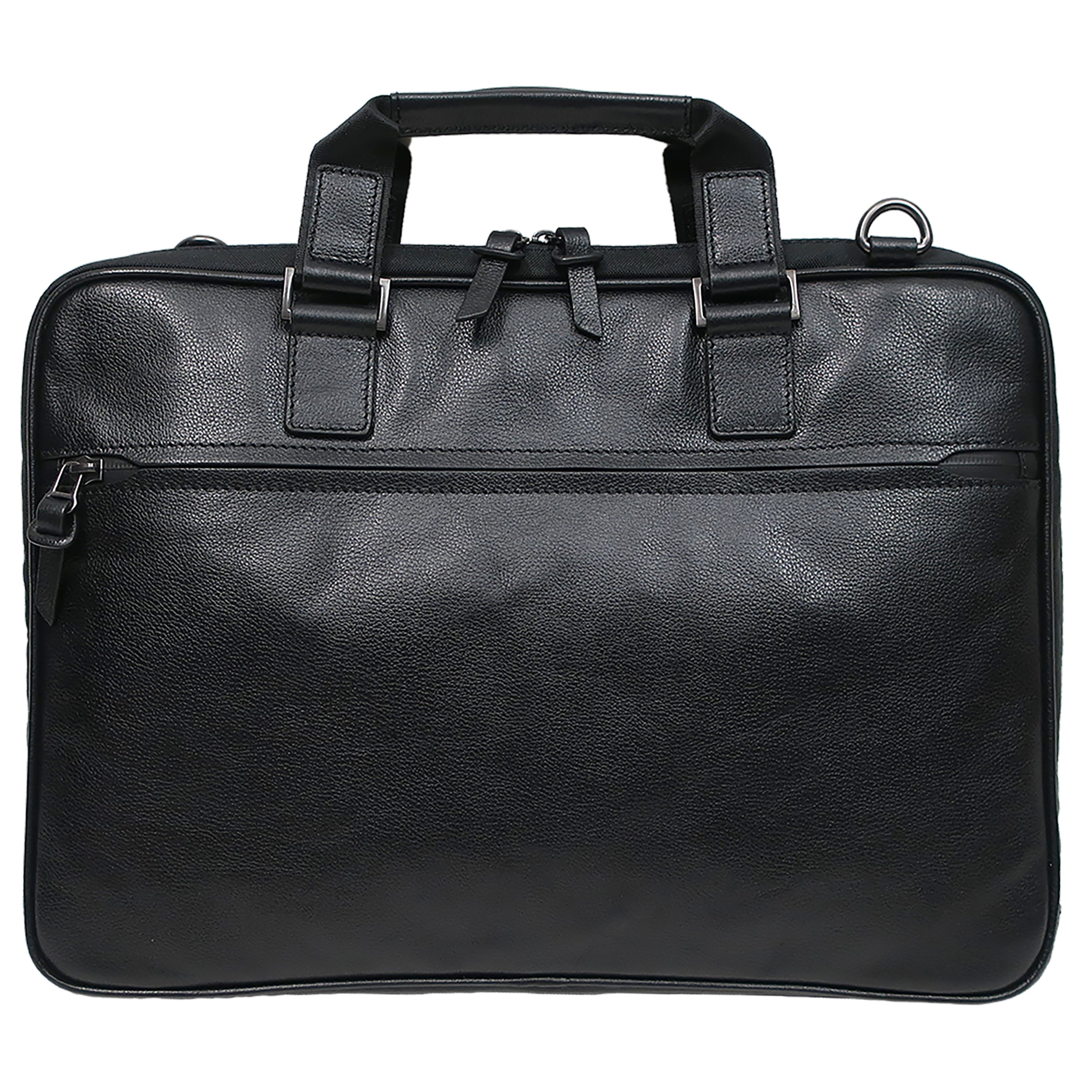 a black leather briefcase on a white background