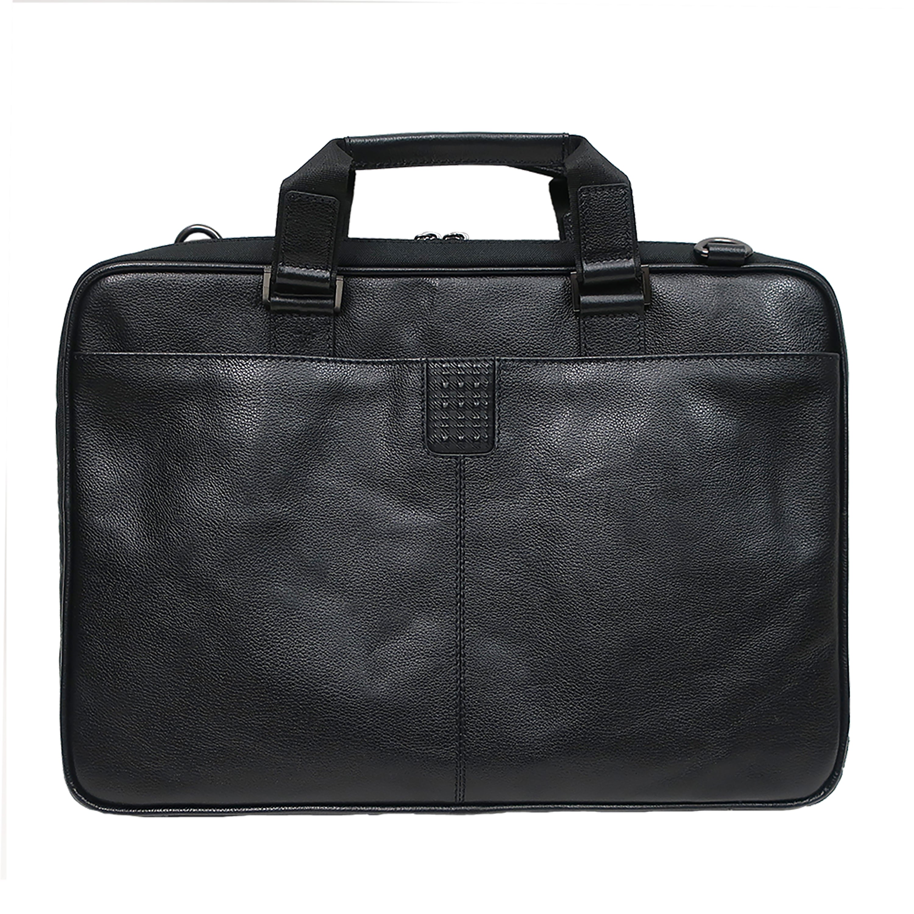 a black leather briefcase on a white background