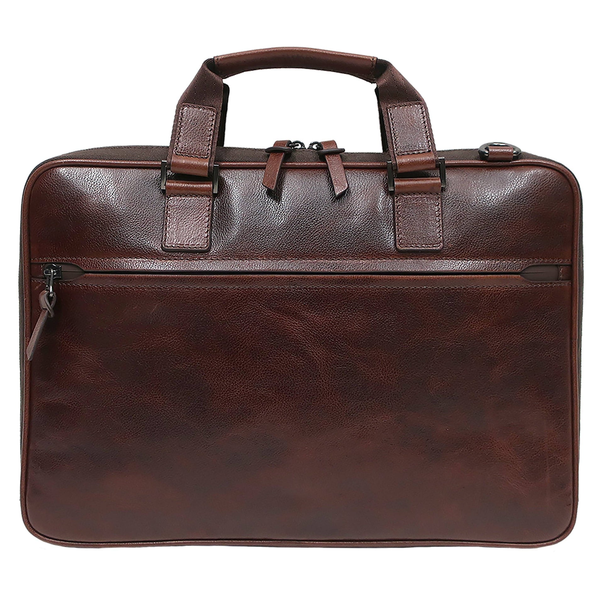 Boconi Garth Coated Zipper Slim Leather Laptop Briefcase, Cognac