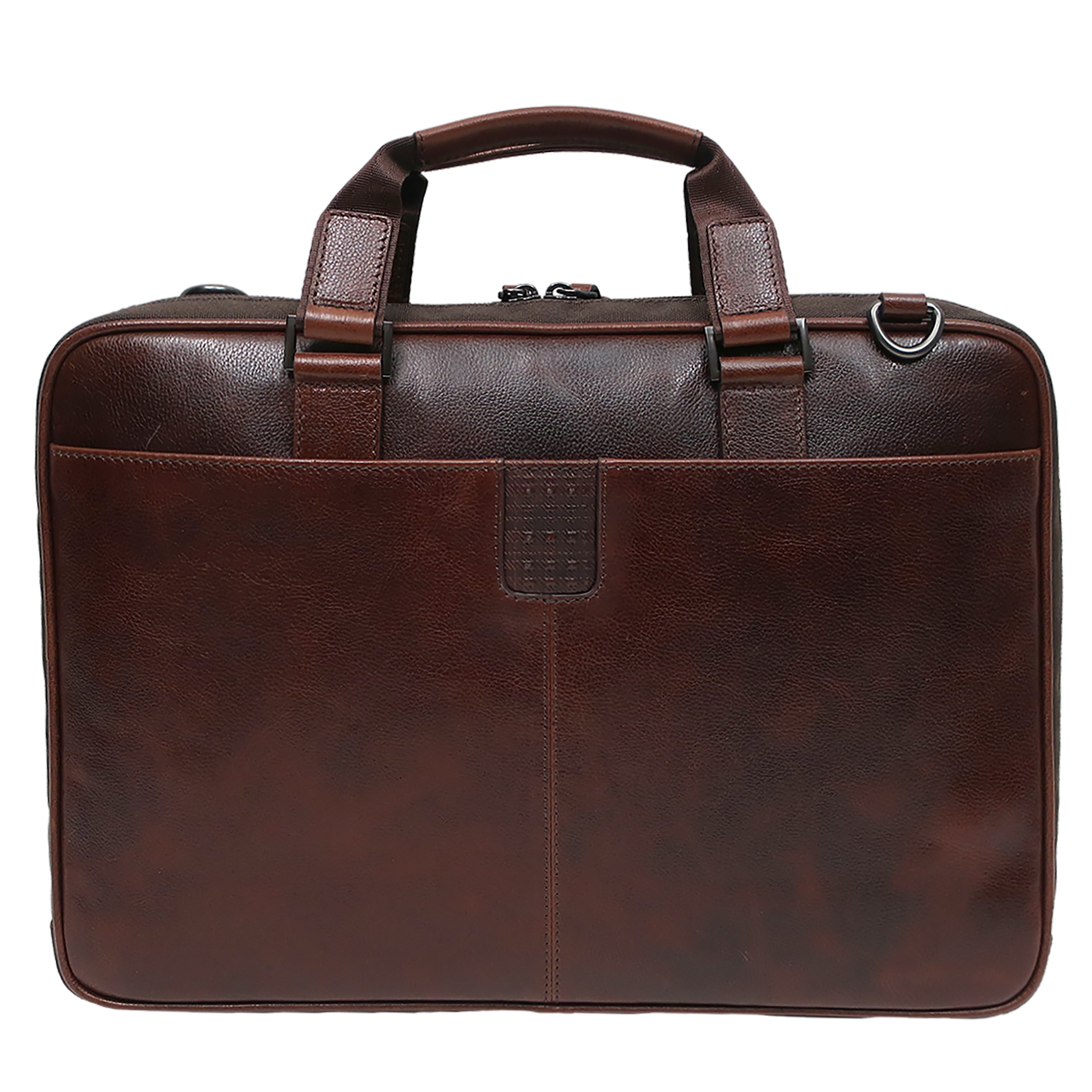 a brown leather briefcase on a white background