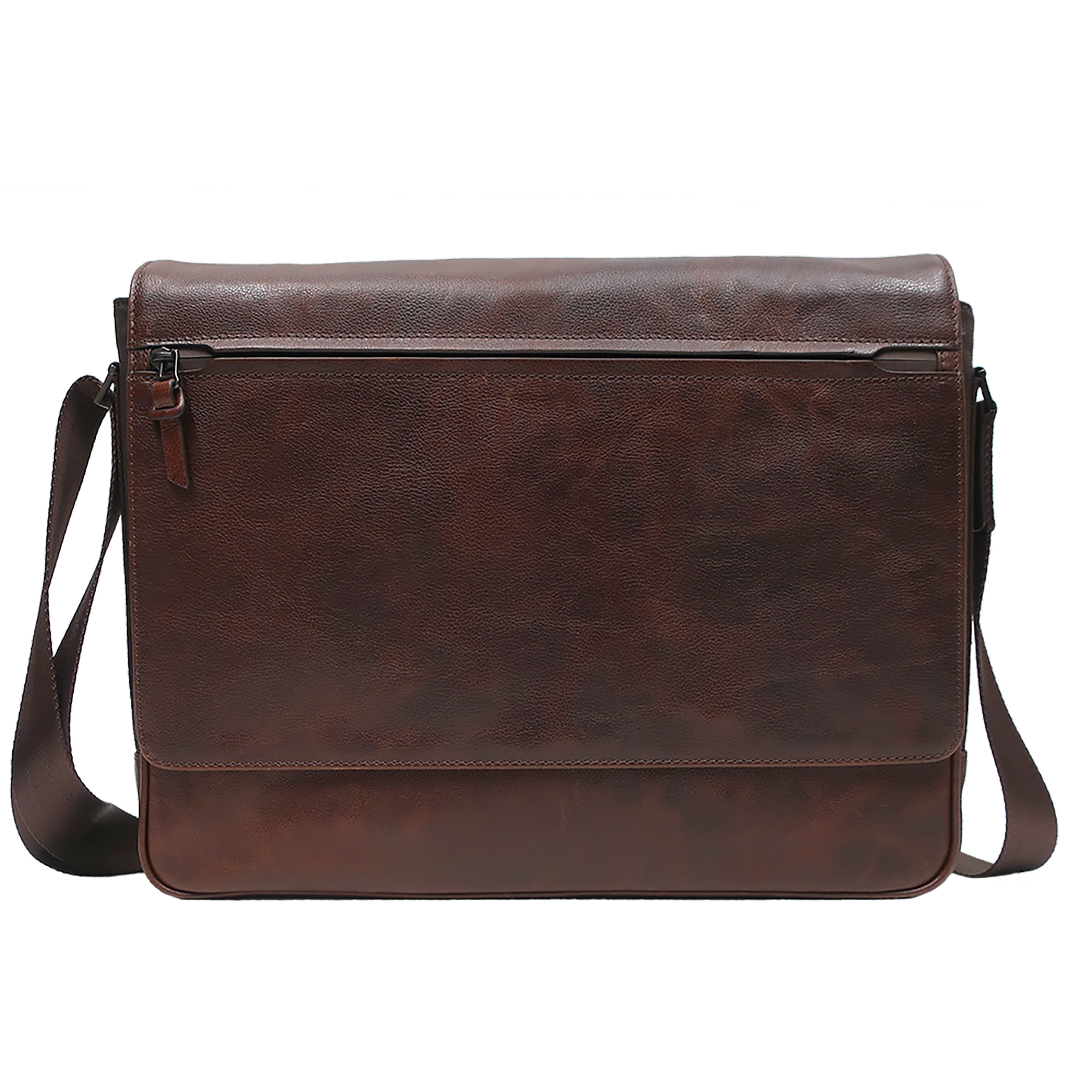 a brown leather messenger bag on a white background