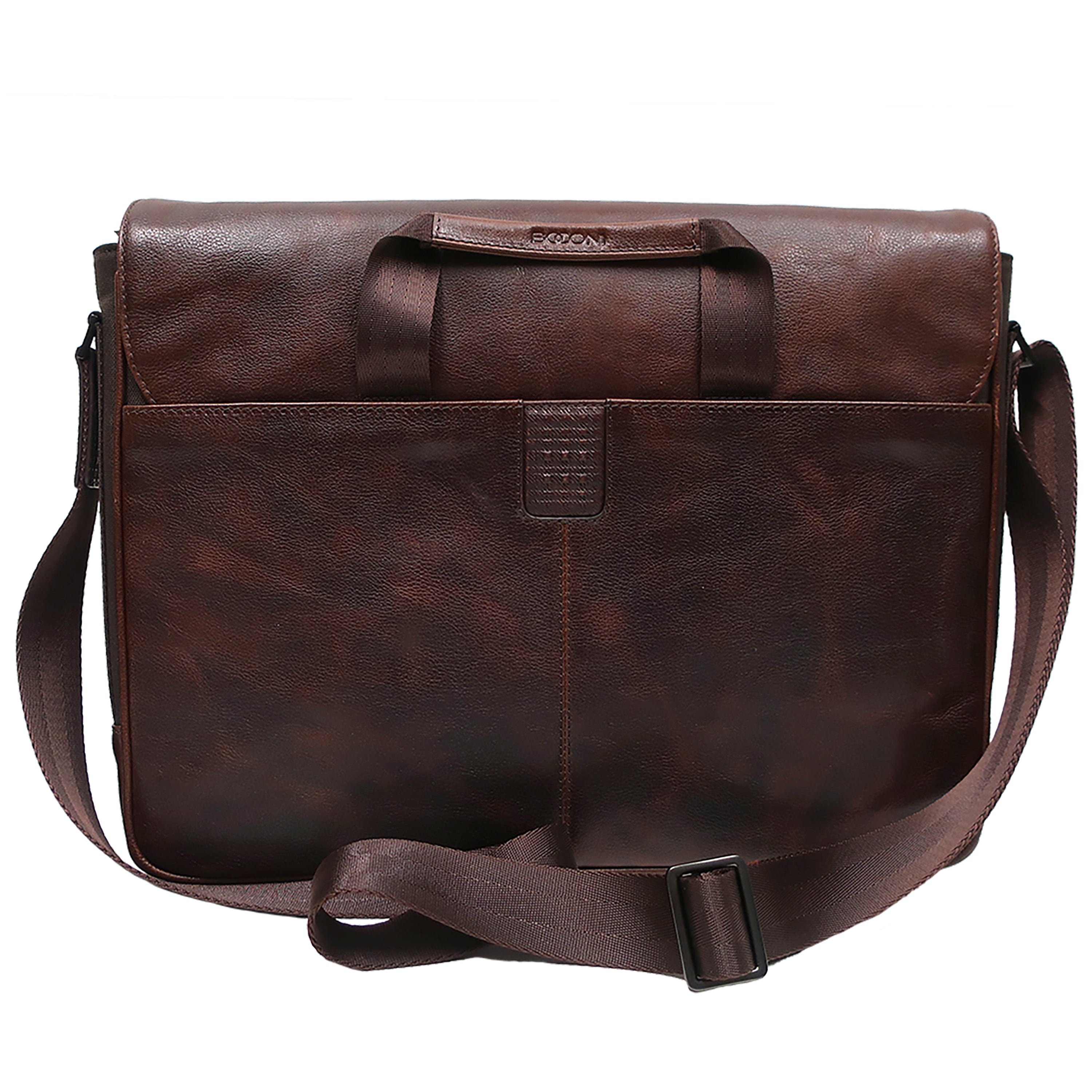 a brown leather messenger bag on a white background