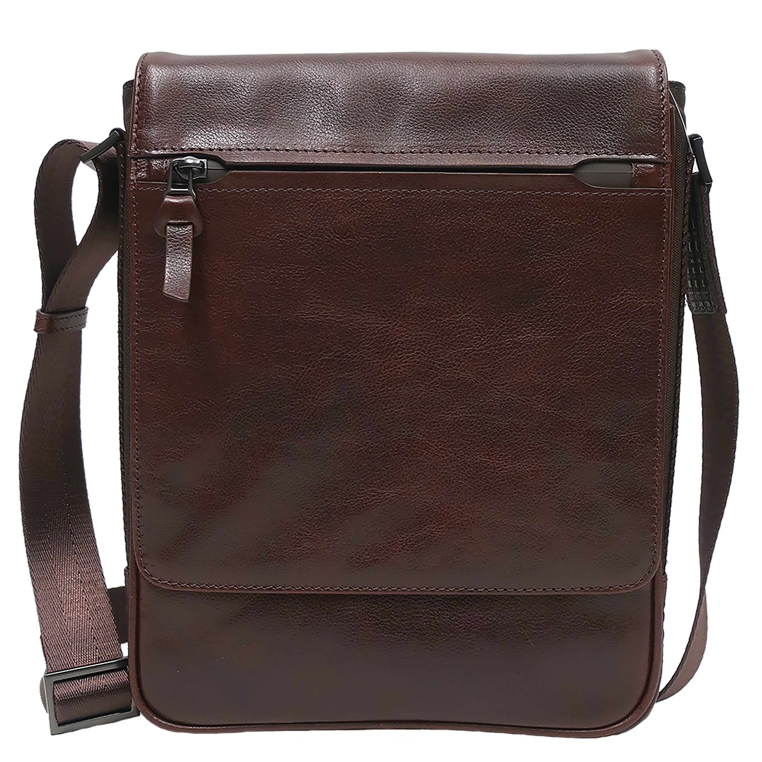 a brown leather messenger bag with a strap