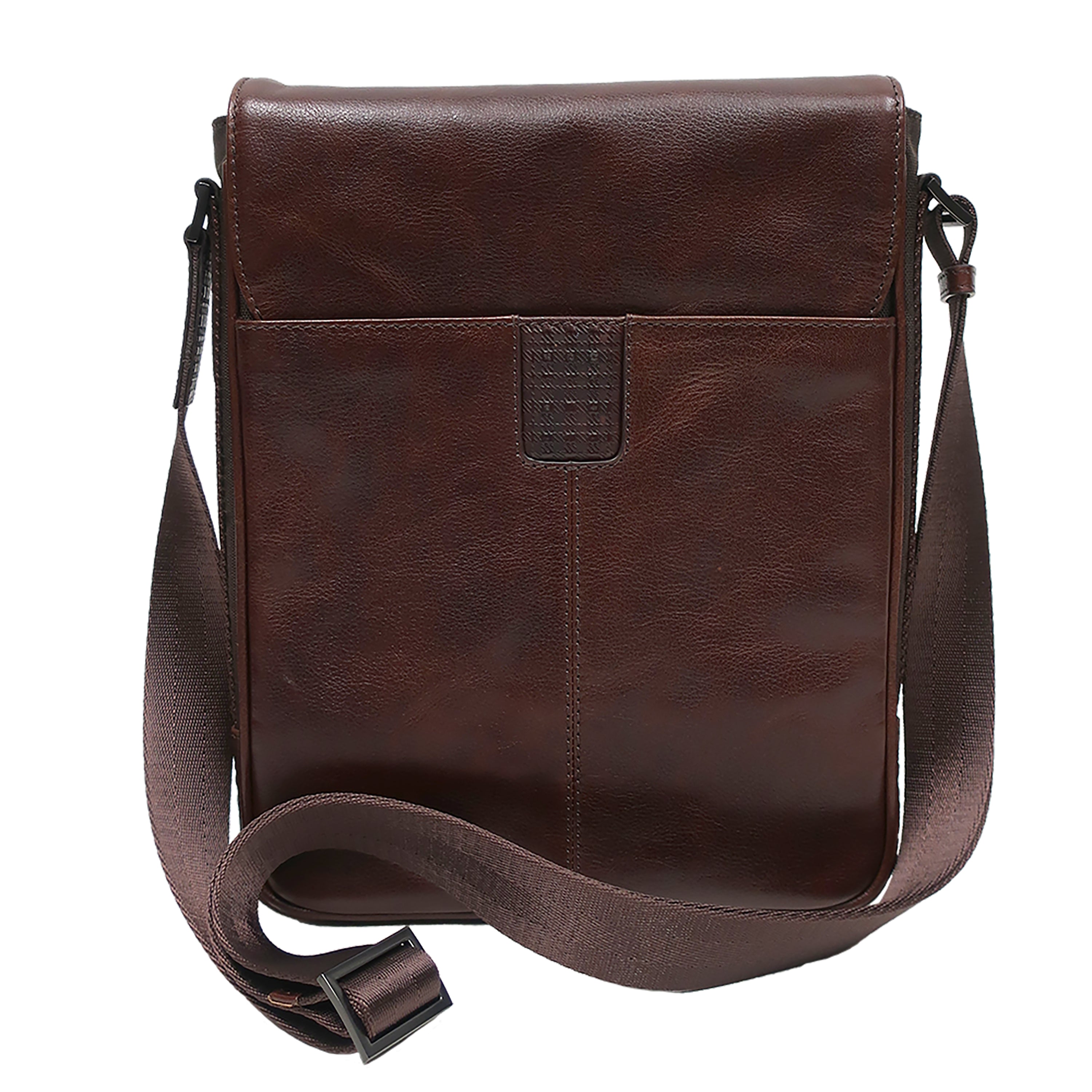 a brown leather messenger bag on a white background