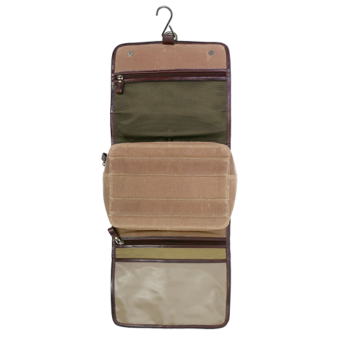 Open View of Sloan Waxed Canvas Hanging Travel Kit