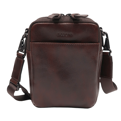 Unisex Mini Leather Crossbody Bag in full-grain cognac leather by Boconi, featuring a compact design with front pocket and adjustable strap.