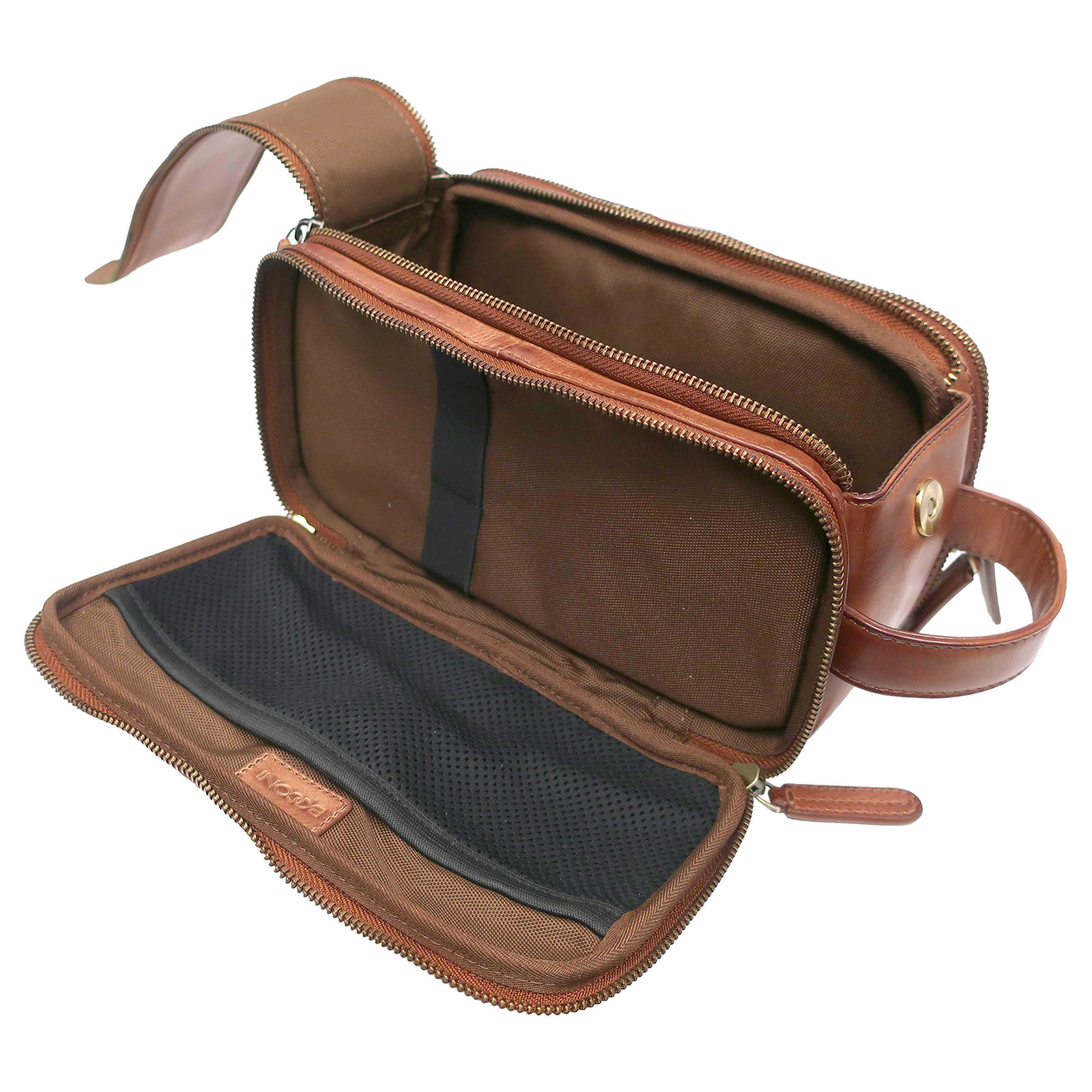 braun men's travel grooming bag with canvas handle BOCONI Darius Full Grain Leather Double Zip Travel Kit, Cognac
