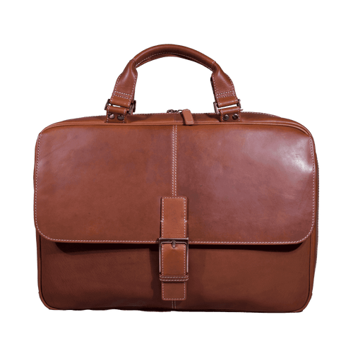 A brown, full grain leather briefcase with a front buckle closure and double wrapped rope top handles.