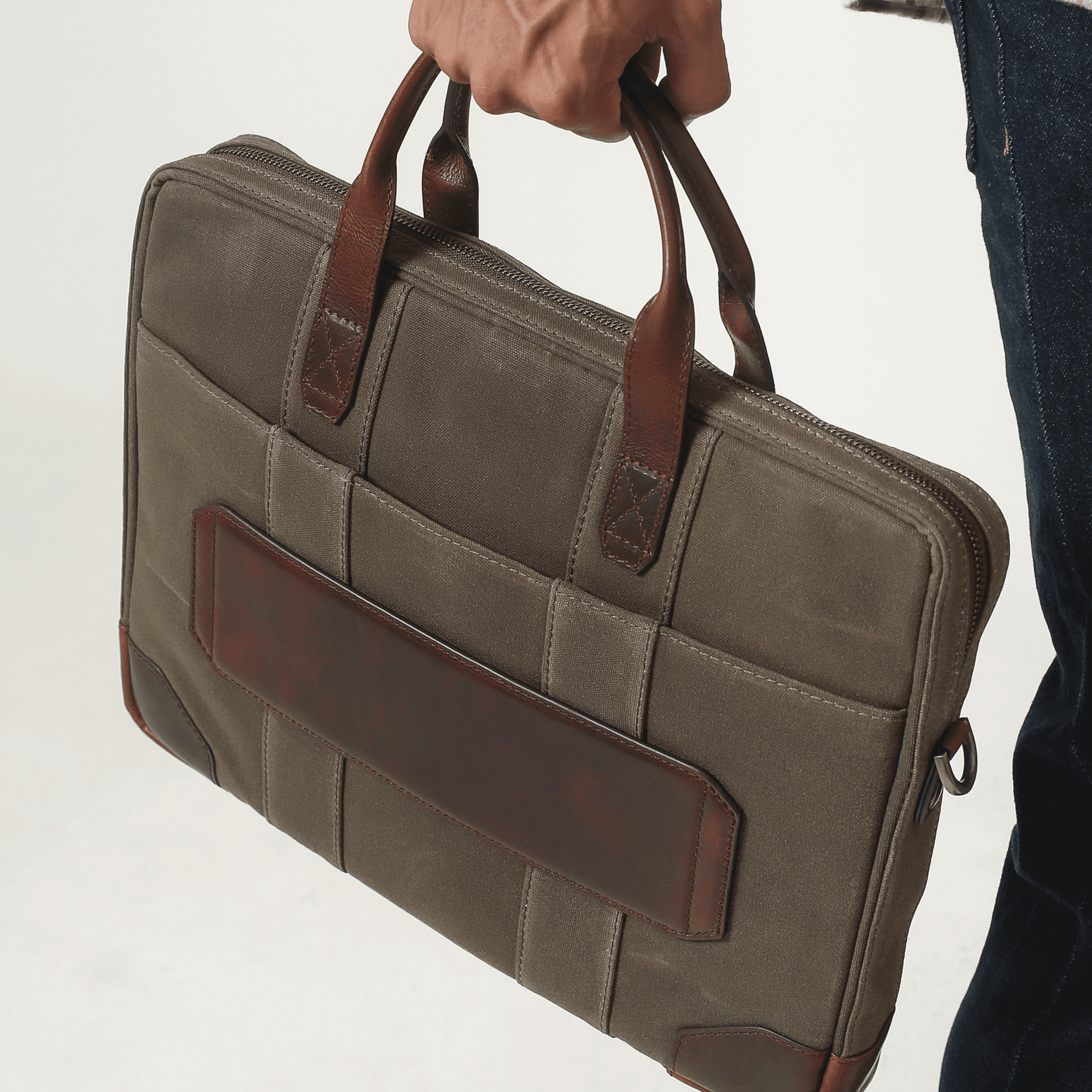 Sloan Waxed Canvas and Pull Up Leather Slim Laptop Briefcase Olive
