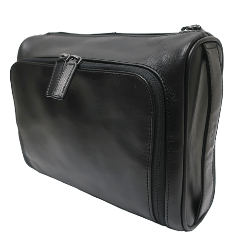 Black leather toiletry bag with side handle on a white background