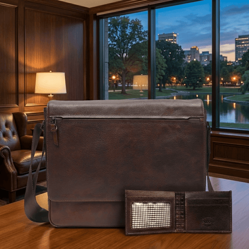 leather messenger bag and slim bifold leather wallet