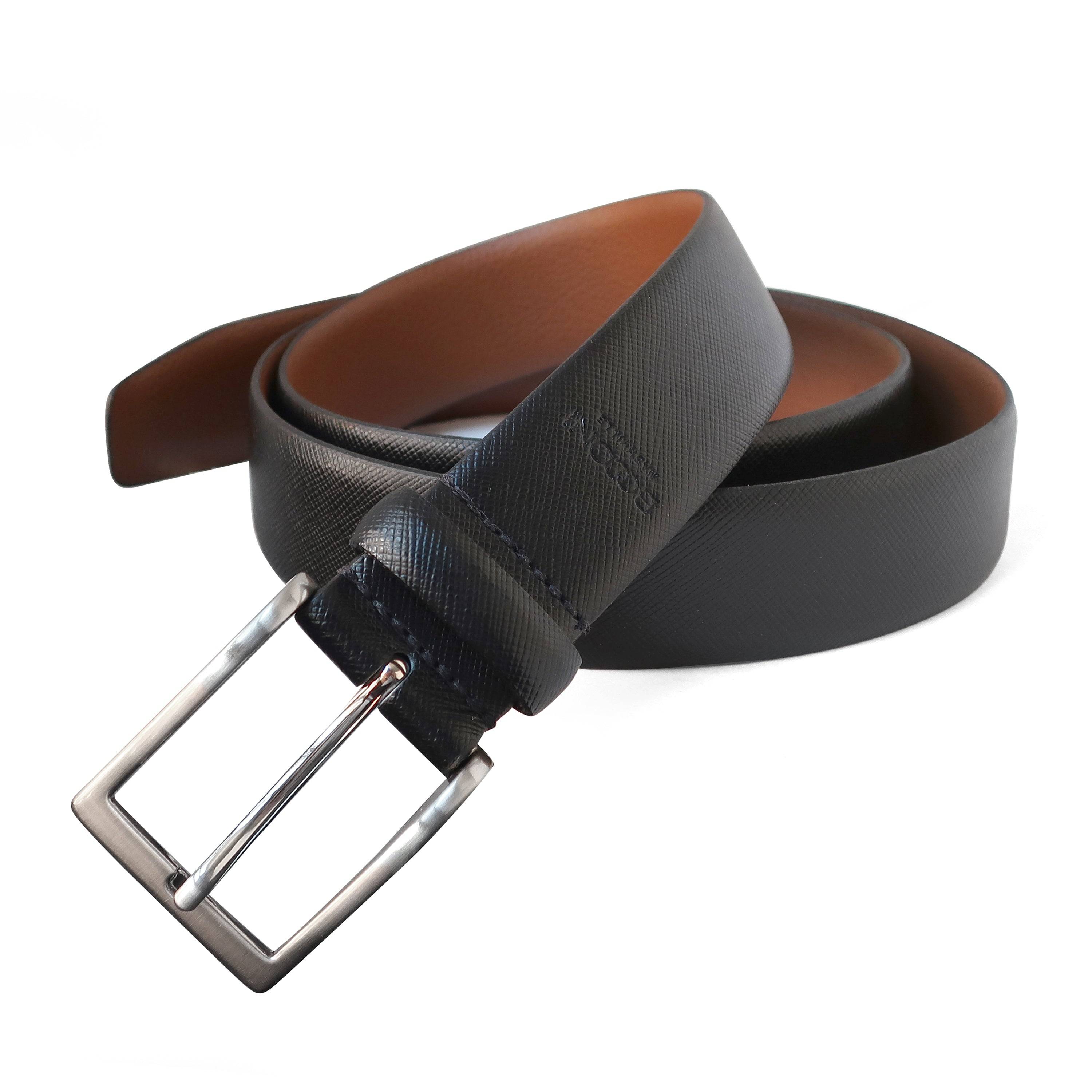 a leather belt with a metal buckle on a white background