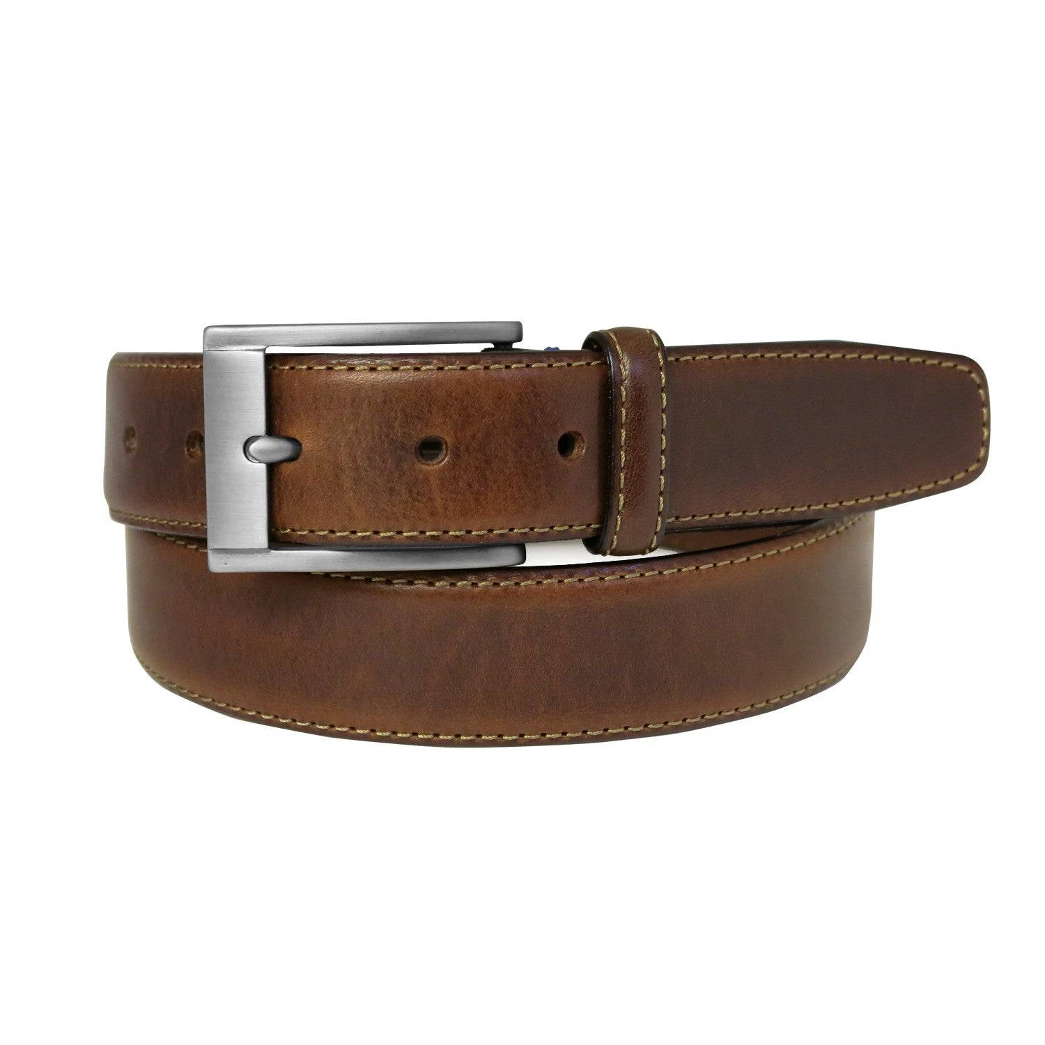 a brown leather belt with a silver buckle