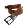 a brown belt with a black buckle on a white background