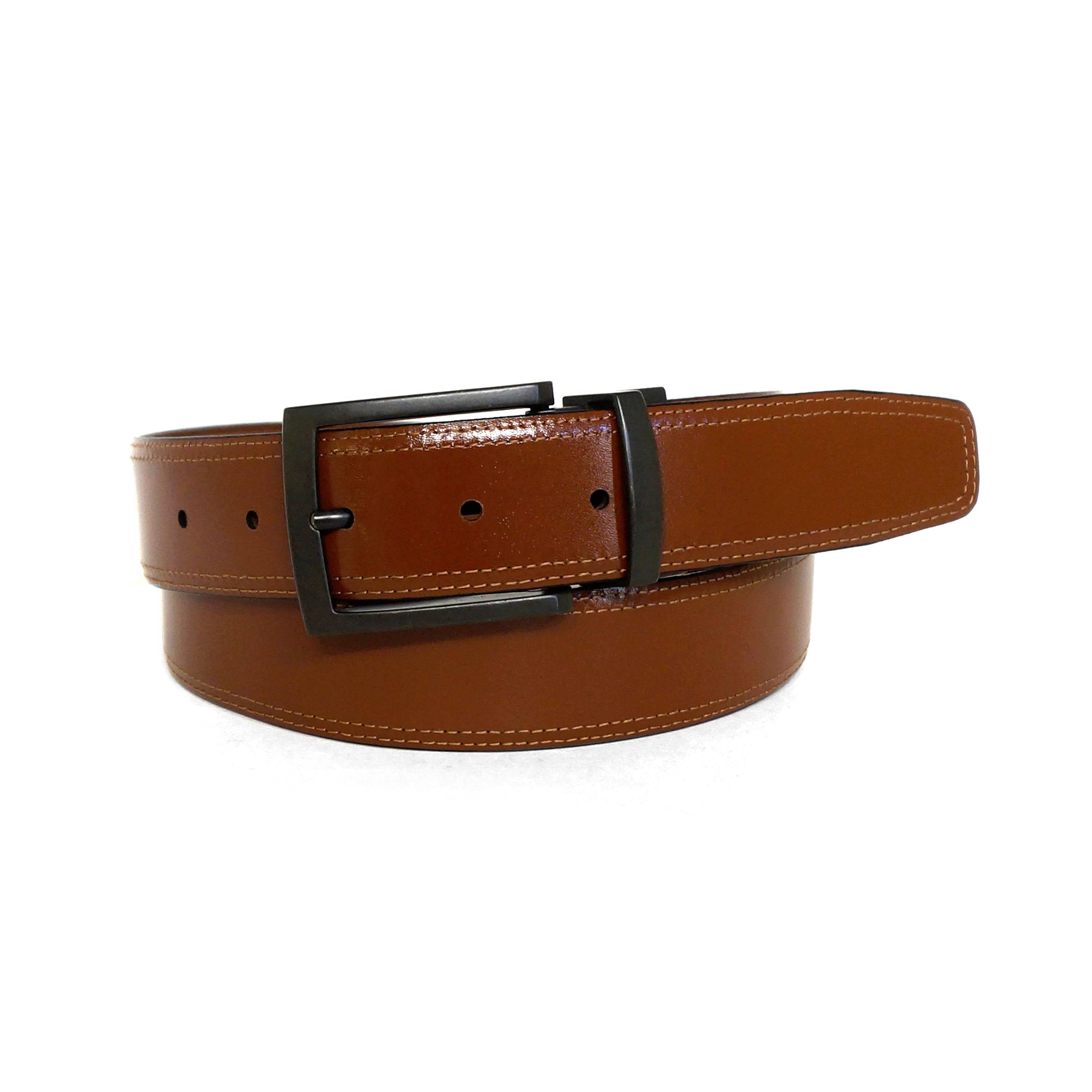 a brown leather belt with a black buckle